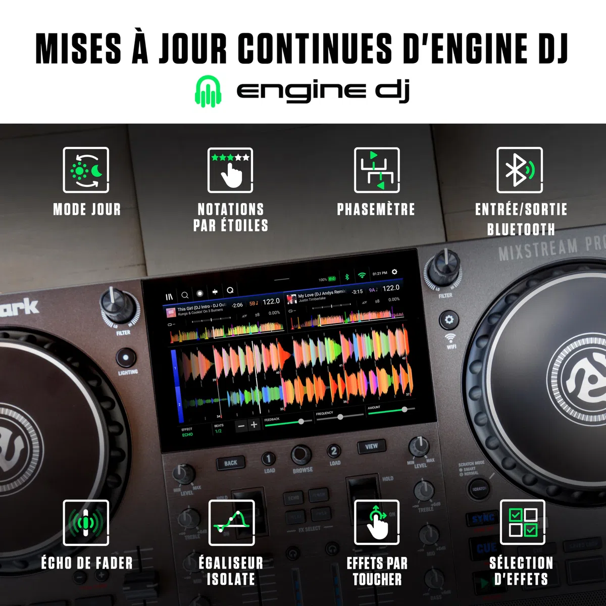 Numark Mixstream Pro Go contrôleur DJ portable à batterie, mixeur avec séparation Stems, haut-parleurs, Wi-Fi, écran tactile, compatible Serato DJ