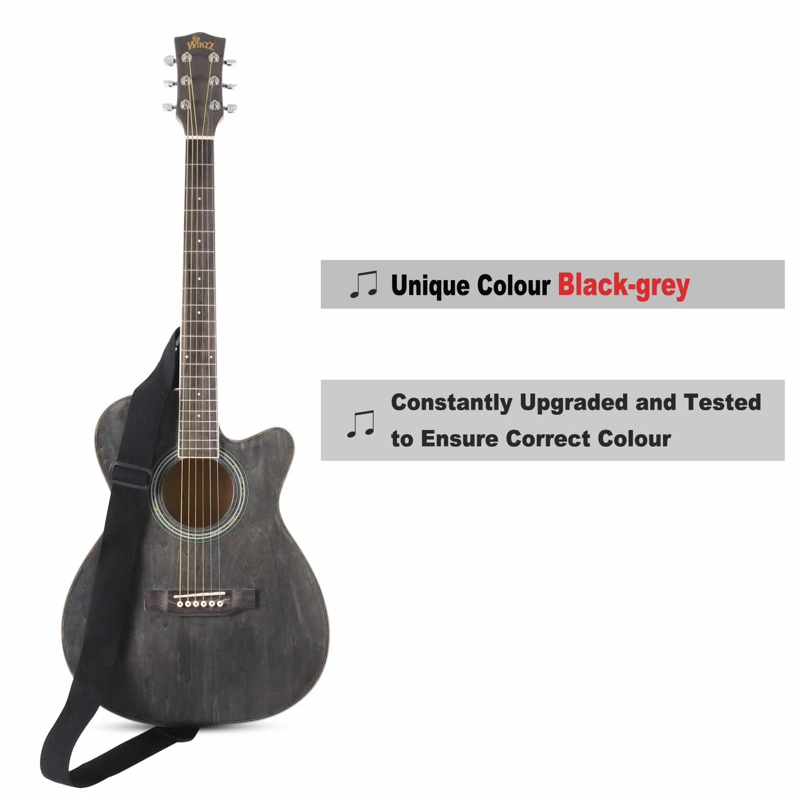 Winzz Guitare Enfant 3/4, Guitare Acoustique Adulte, Kit Guitar Folk pour Débutant 36 Pouces (Noir-gris, Cordes en acier)