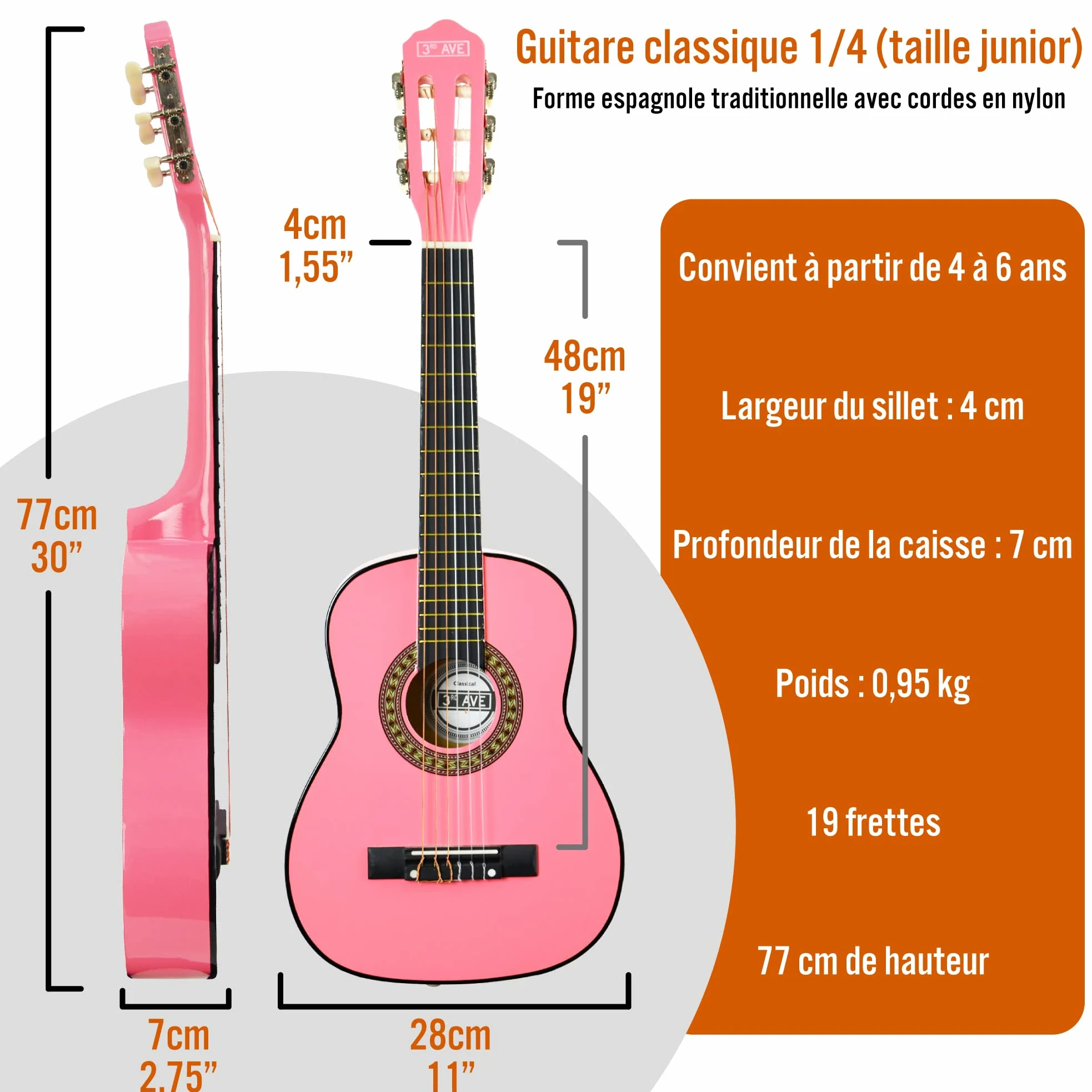 3rd Avenue Guitare Classique Pour Enfants Taille 1/4 Avec Cordes En Nylon Espagnol Pour Débutant - 6 Mois De Cours Gratuits, Sac, Cordes - Rose