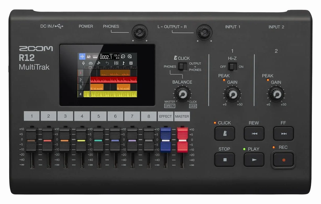 Zoom R12 Enregistreur 8 pistes avec écran tactile, 2 entrées XLR-jack, édition intégrée, effets, synthétiseur, boucles de batterie et interface audio USB, sur pile ou USB, pour composition musicale
