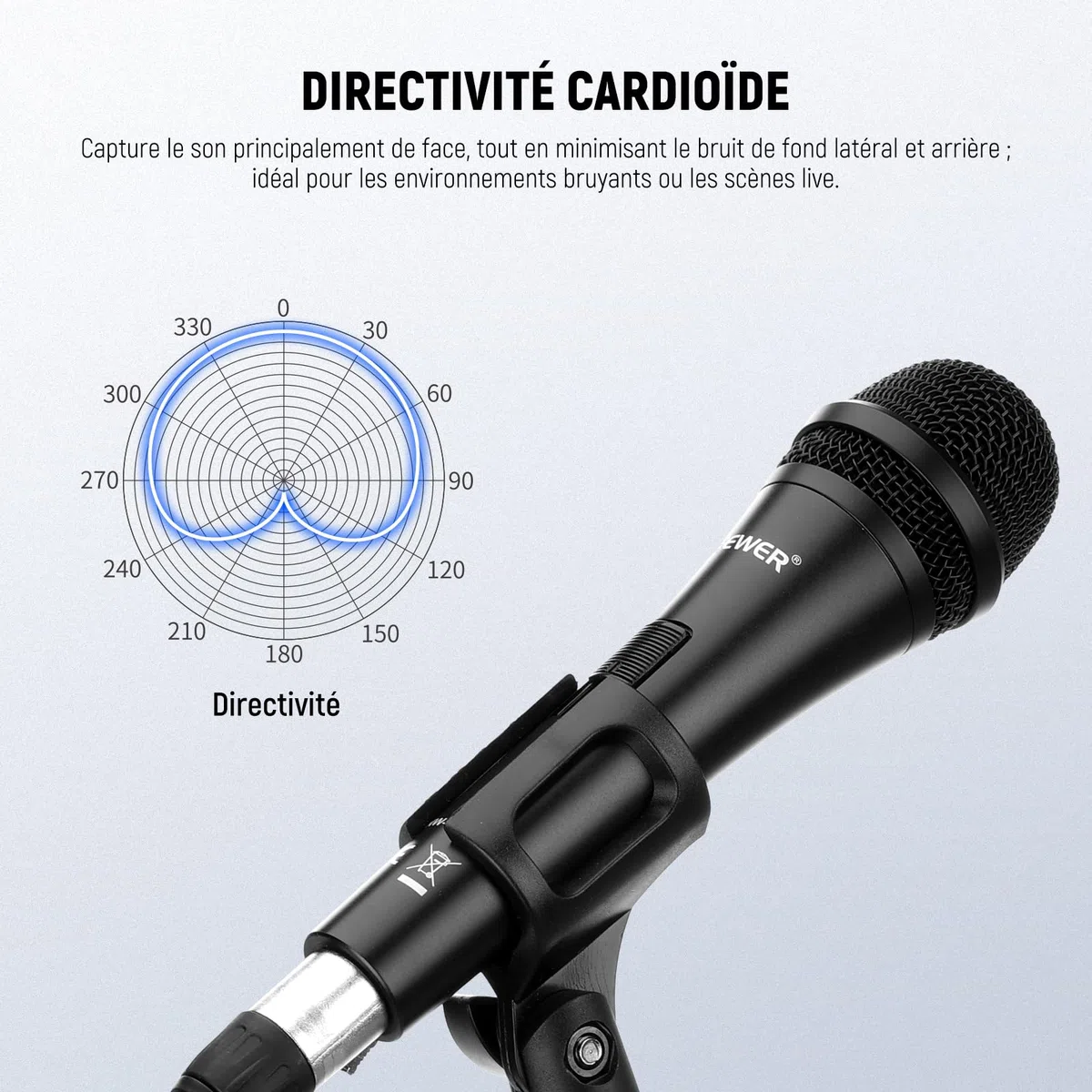 NEEWER Microphone Dynamique Cardioïde avec Câble Mâle XLR à Femelle XLR, Construction Métallique Rigide pour Pickup Professionnel d'Instruments de Musique, Voix, Radiodiffusion, Discours, Noir(NW-040)
