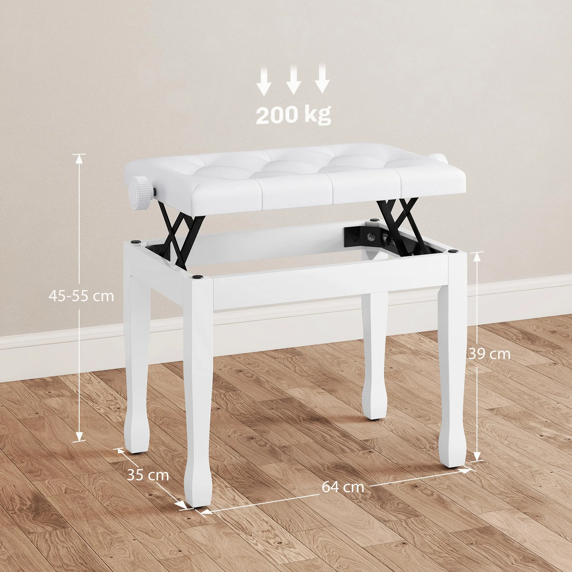 HOMCOM Banc de Piano, Banc de Clavier réglable en Hauteur en Bois Massif, Tabouret Piano avec siège rembourré polyuréthane à 10 Boutons, Stable et antidérapant, Charge 200kg, Blanc