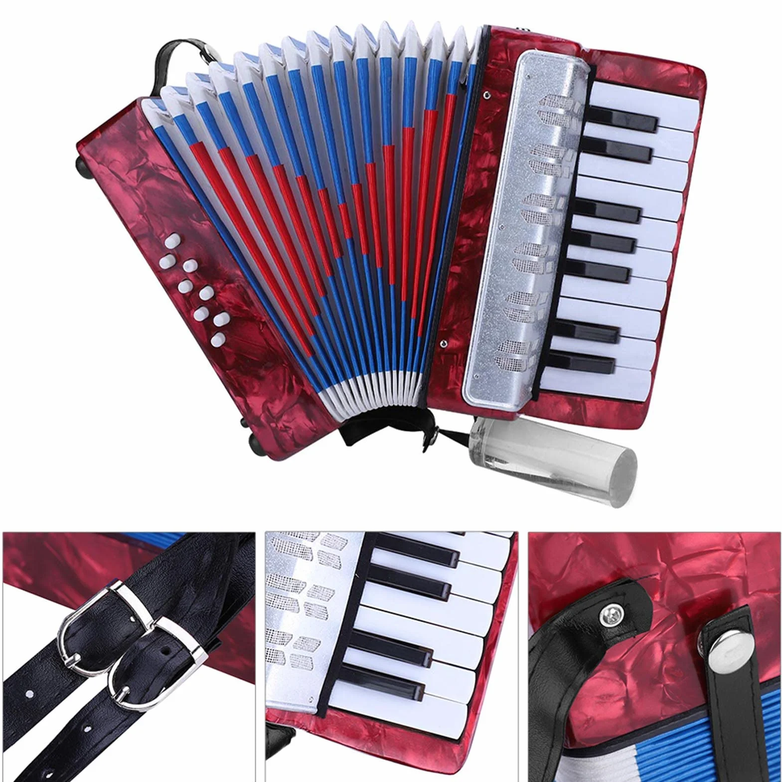 Concertina ABS 17 Touches 8 Basses avec Décor en Celluloïd, Instrument de Musique pour Débutants, Léger avec Sangle Réglable (rouge)