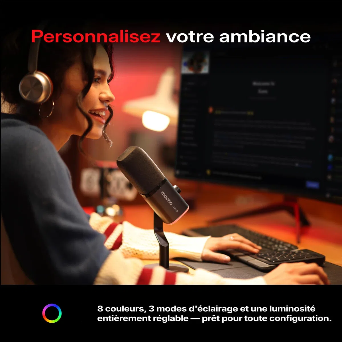 MAONO PD100W Microphone sans Fil/USB, Micro Gaming PC Dynamique avec Réduction de Bruit en Un Clic, Bouton Mute, RGB & Logiciel Dédié. Idéal pour Le Streaming, Le Enregistrement & l’Podcast. Noir