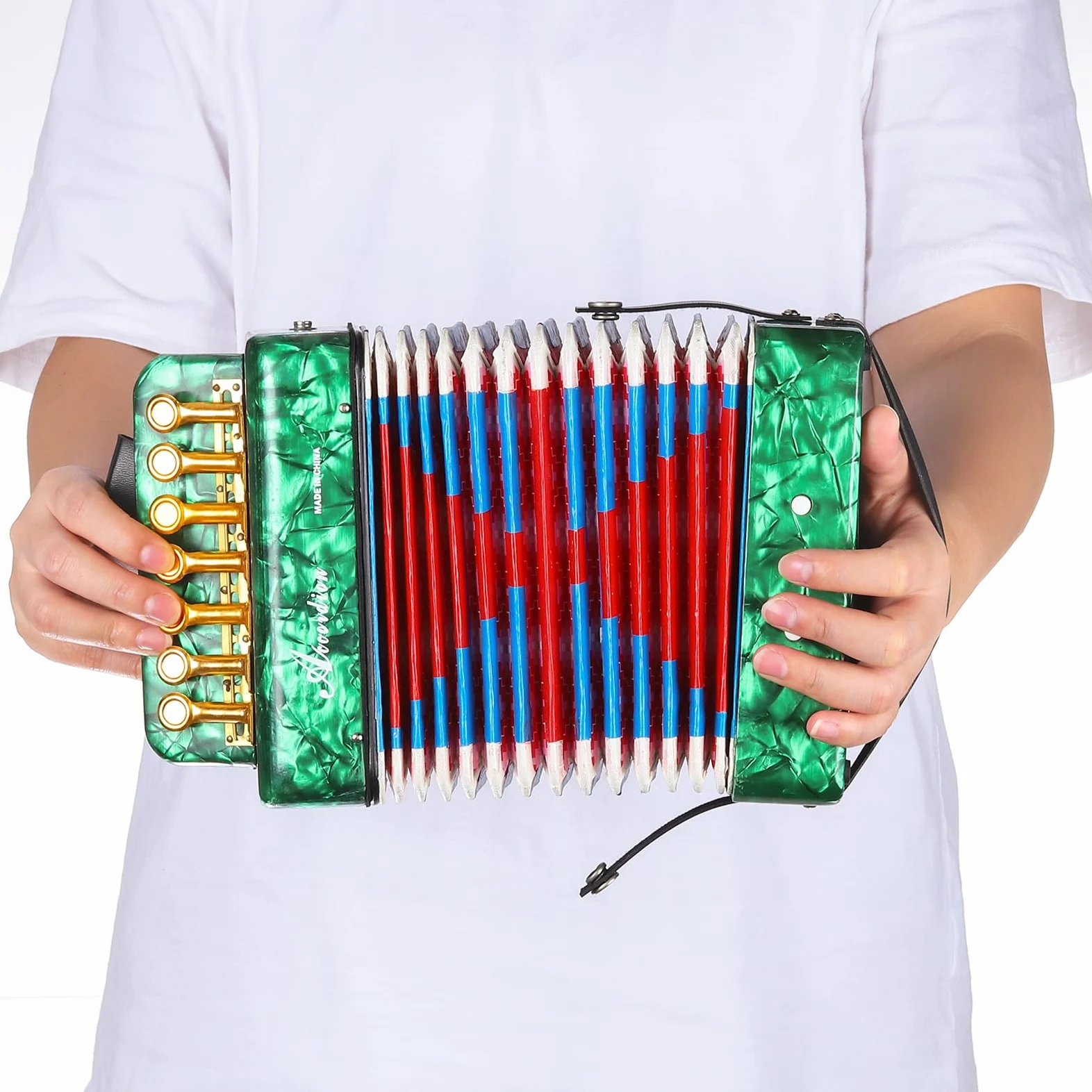 QUARKZMAN Accordéon, Accordéon à Boutons de 10 Touches Mini Instrument Musical Léger pour Adultes Débutants Éducatif, Bleu Ciel