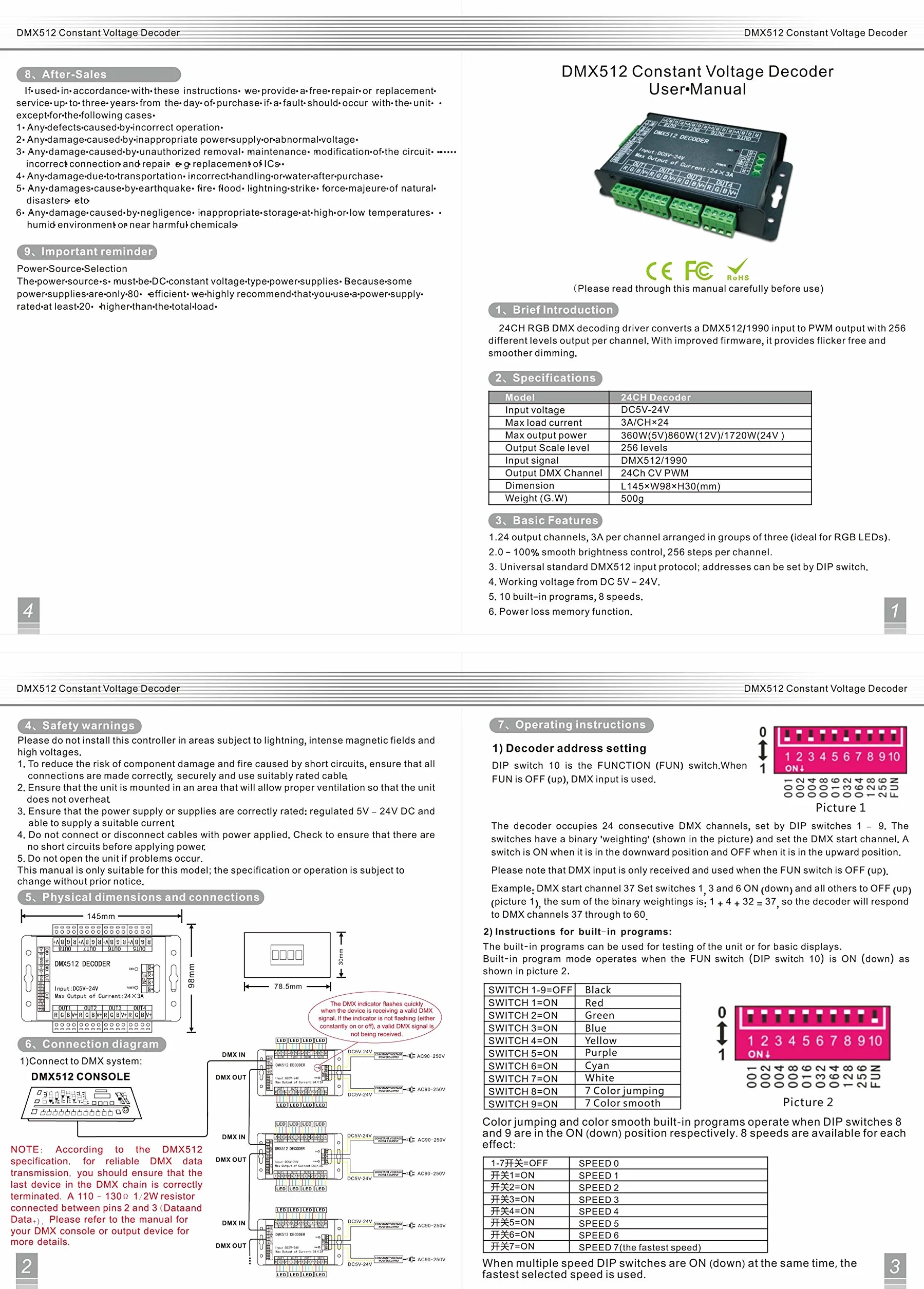 High Power 24 Channel RGB 3A/CH DMX512 Controller Led Decoder Dimmer 500Hz Flicker Free Smoother Dimming DMX Signal Indicator Flashes Function DC 5V-24V