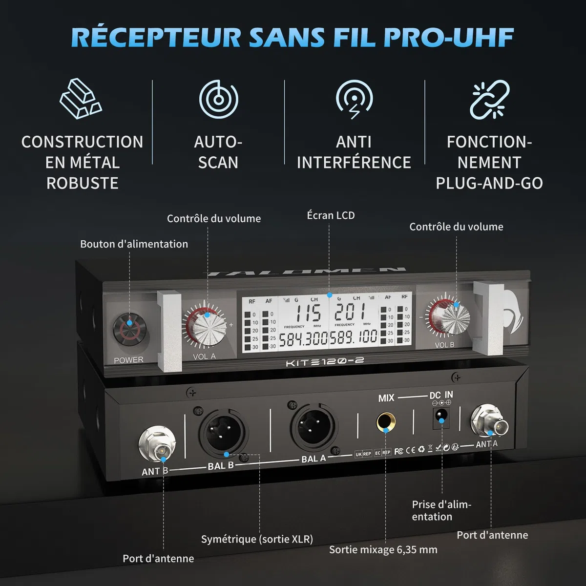 talomen Micro sans Fil UHF, Set de 2 Microphones à Main Dynamiques en Métal, Auto Scan, Portée 120 m, Récepteur Double Canal, Idéal pour Chant, Karaoke, Fête, DJ, Église – K120 Noir