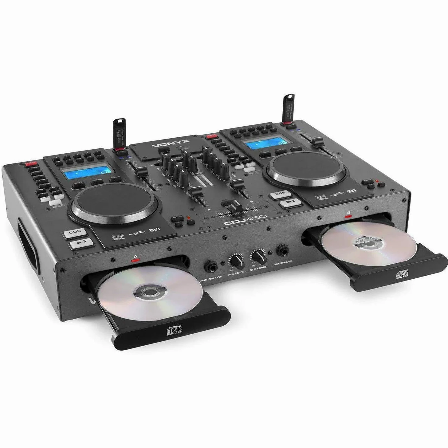 Vonyx CDJ450 - Double Lecteur CD/MP3/USB/Mixeur avec Bluetooth, 2 Canaux, Fonctionnalité Auto-Cue, Molettes Intégrées, Sorties Master et Record, Parfait pour DJ Amateurs ou Professionnels