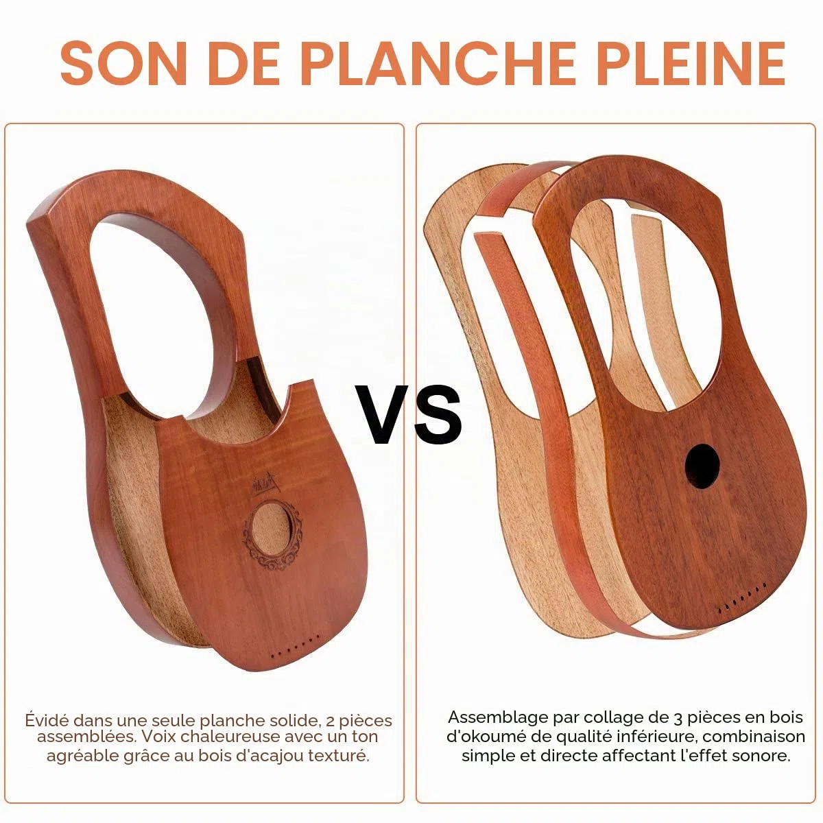 Aklot Lyre Harpe 7 cordes en acajou avec clé de réglage et sac de transport noir