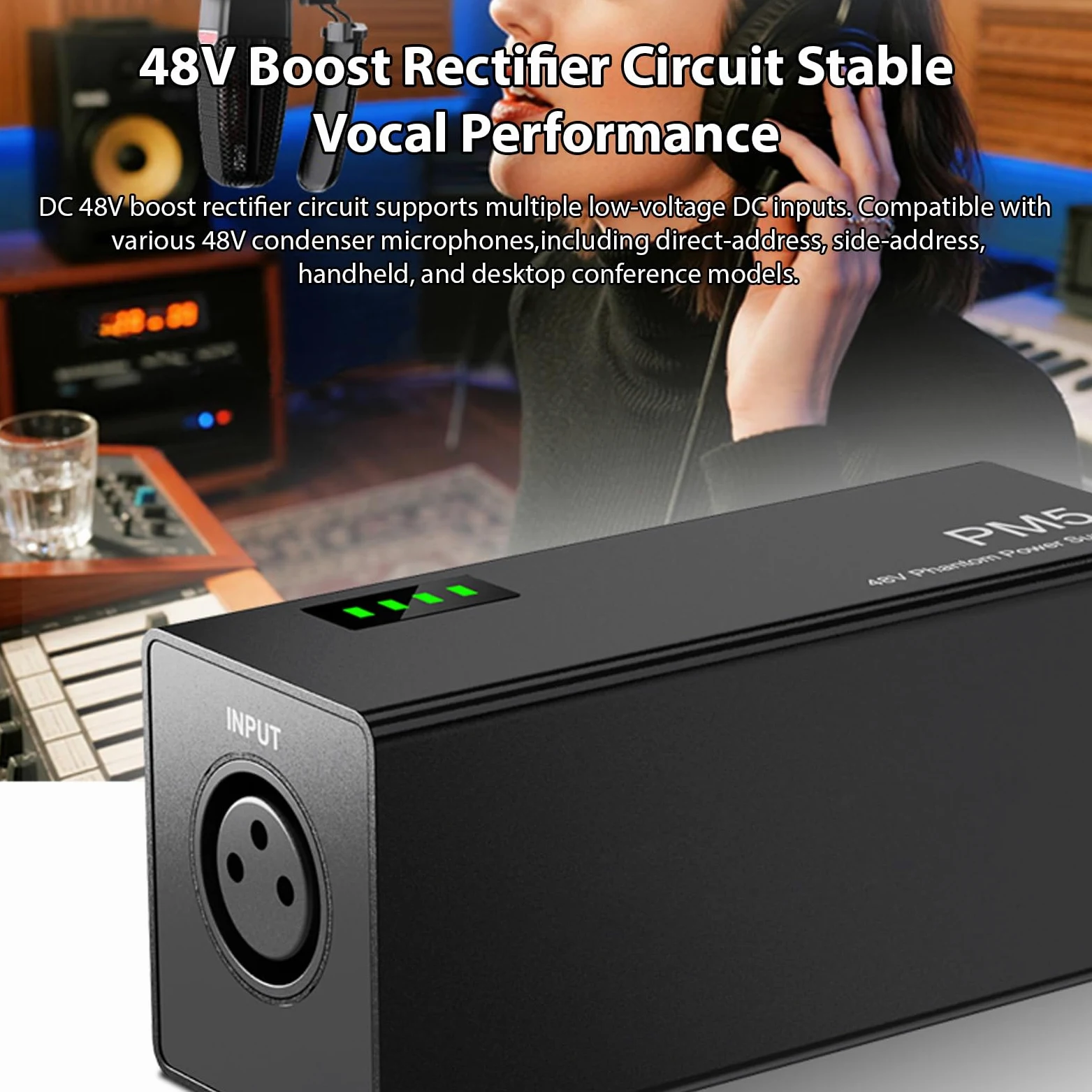 Denash Alimentation Fantôme 48 V, Alimentée par Batterie Portable avec Batterie Rechargeable Intégrée de 1 500 MAh et Sortie D'entrée XLR, pour Microphones à Condensateur,