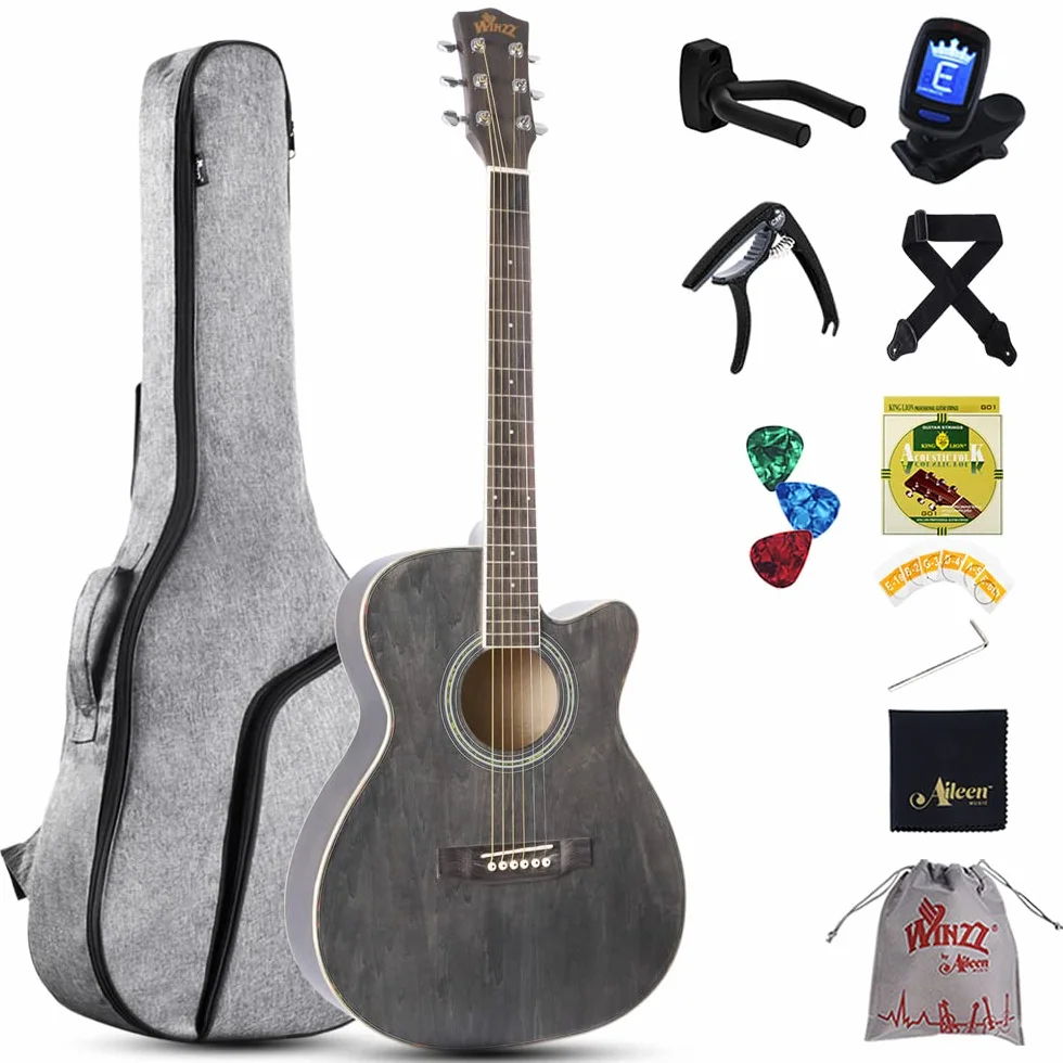 Winzz Guitare Enfant 3/4, Guitare Acoustique Adulte, Kit Guitar Folk pour Débutant 36 Pouces (Noir-gris, Cordes en acier)