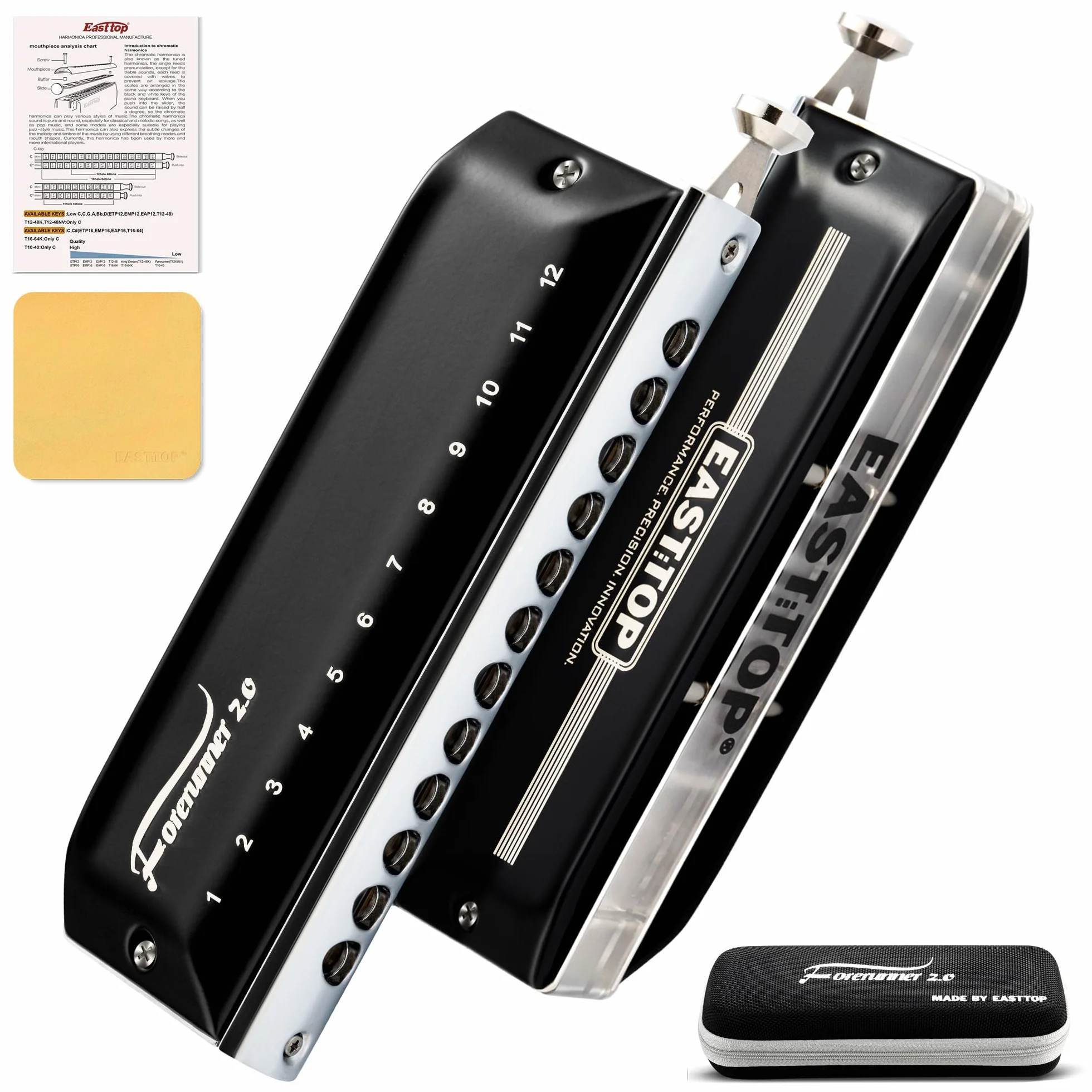 EAST TOP Forerunner 2.0 Sans Valves Harmonica chromatique à 12 trous 48 tons touche en C pour adultes, débutants et étudiants
