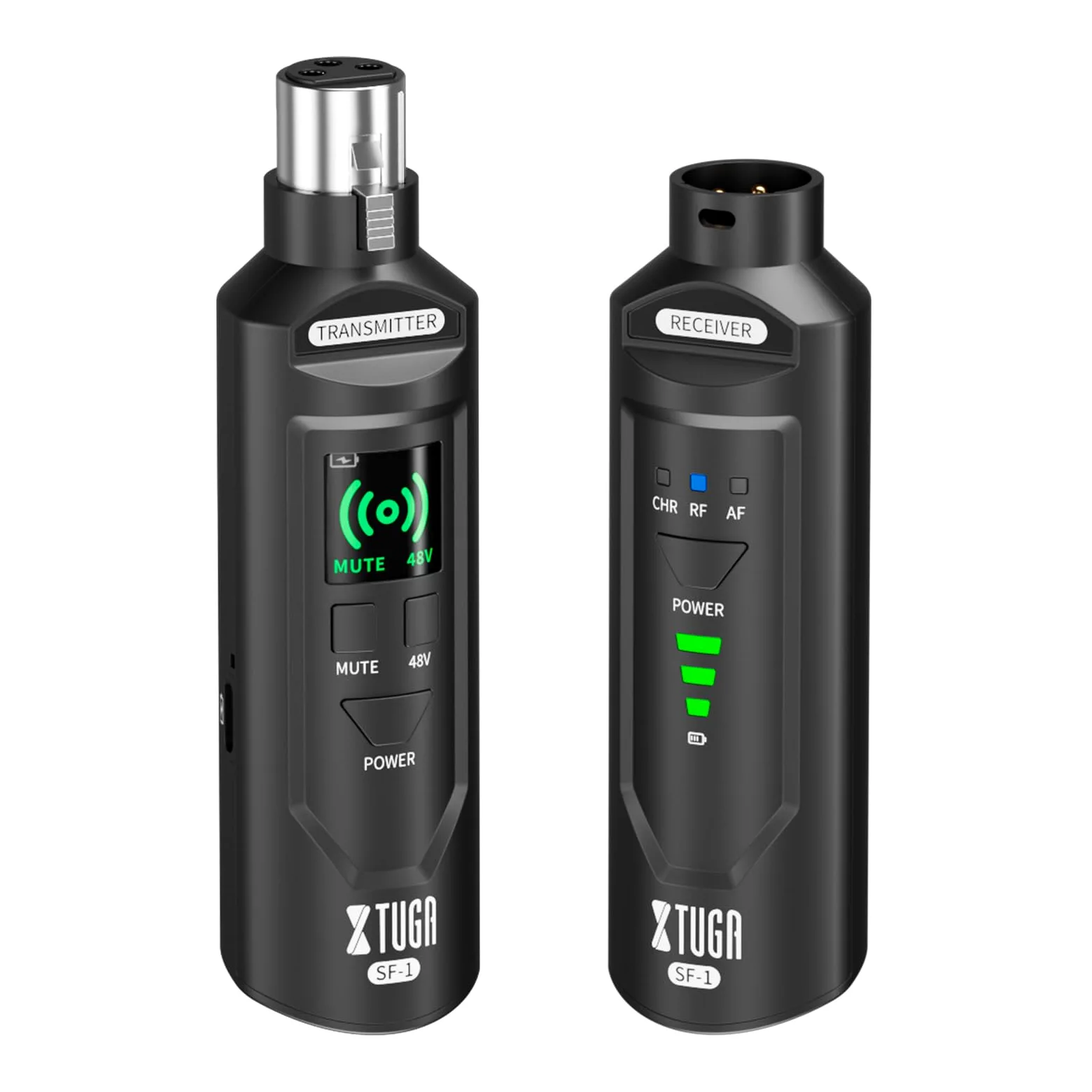 XTUGA Émetteur et récepteur XLR sans fil SF-1, émetteur-récepteur de microphone 2,4 G avec alimentation fantôme 48 V, adaptateur de micro rechargeable pour microphones dynamiques/condensateurs