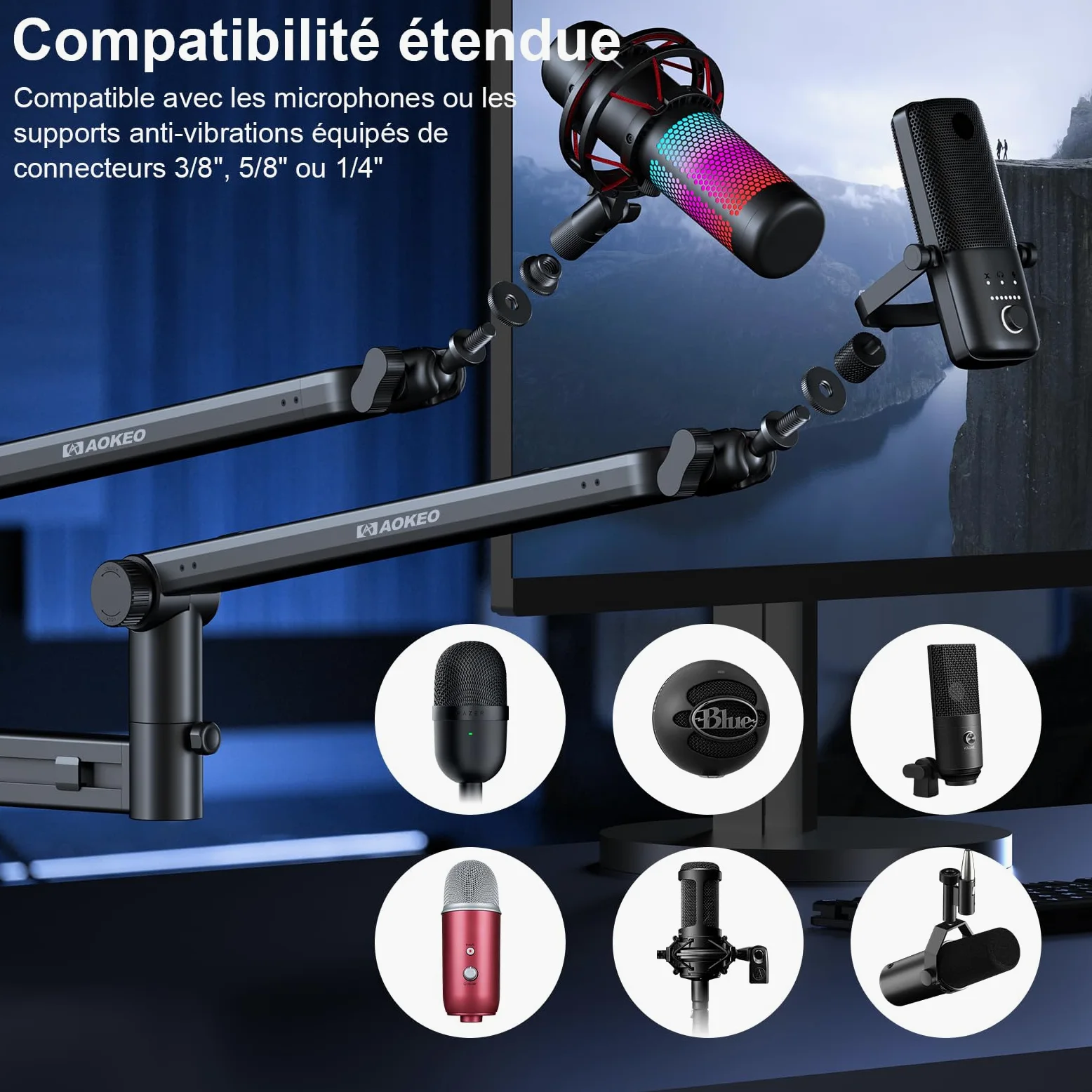 Bras Micro,Aokeo AK-58 Support Articulé de Bureau à Profil Bas pour Blue Yeti,Snowball iCE,HyperX QuadCast/SoloCast,Elgato Wave,etc