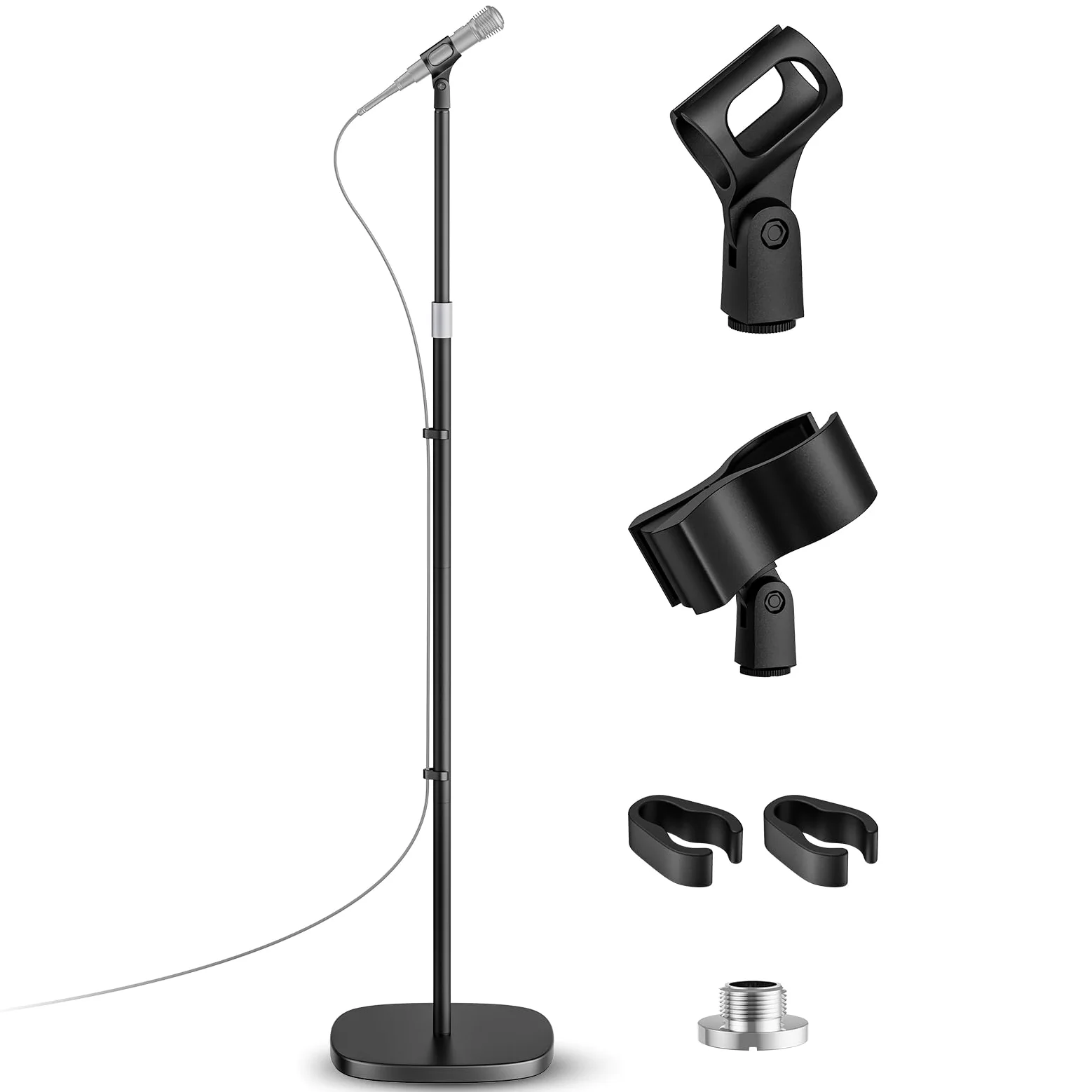 Support de Microphone - Pied de Micro Universel avec Base Ponderée Compacte, 2 Clipss Universels, Hauteur Réglable de 55 à 170 cm Pour Karaoké, Spectacles, Animations en Extérieur et Scènes
