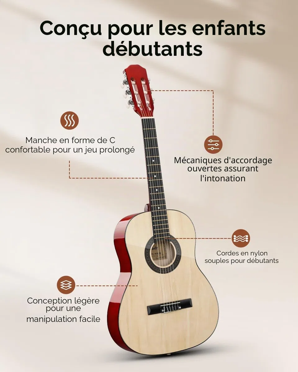 Moukey Guitare Acoustique 36 Pouces pour Débutants Enfants et Jeunes, guitare voyage Dreadnought 3/4 avec housse, accordeur, médiators, cordes nylon, capodastre et sangle