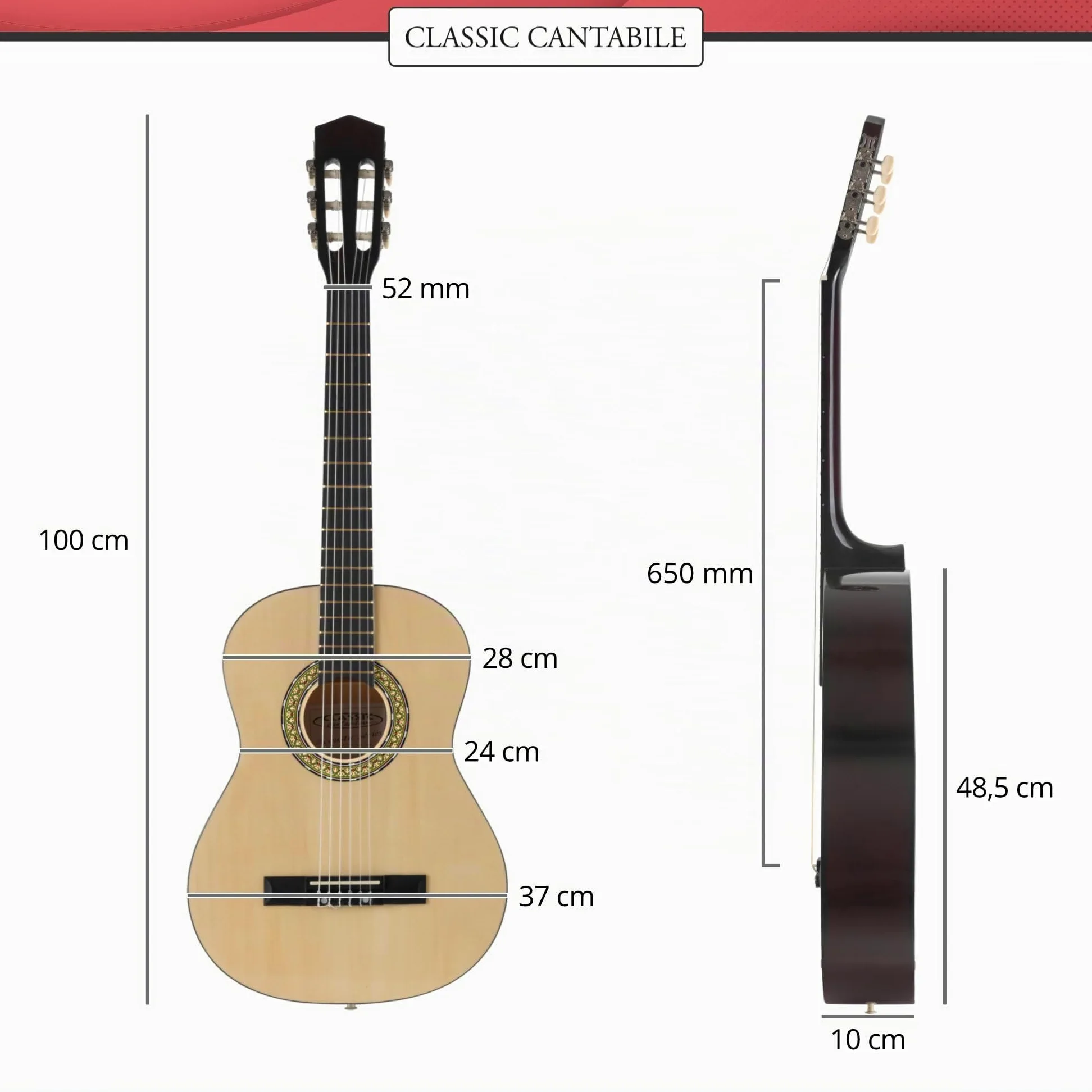Classic Cantabile AS-851 Guitare Classique 4/4 Nature - Cordes en Nylon d'étude - Guitare de concert idéale pour débutants