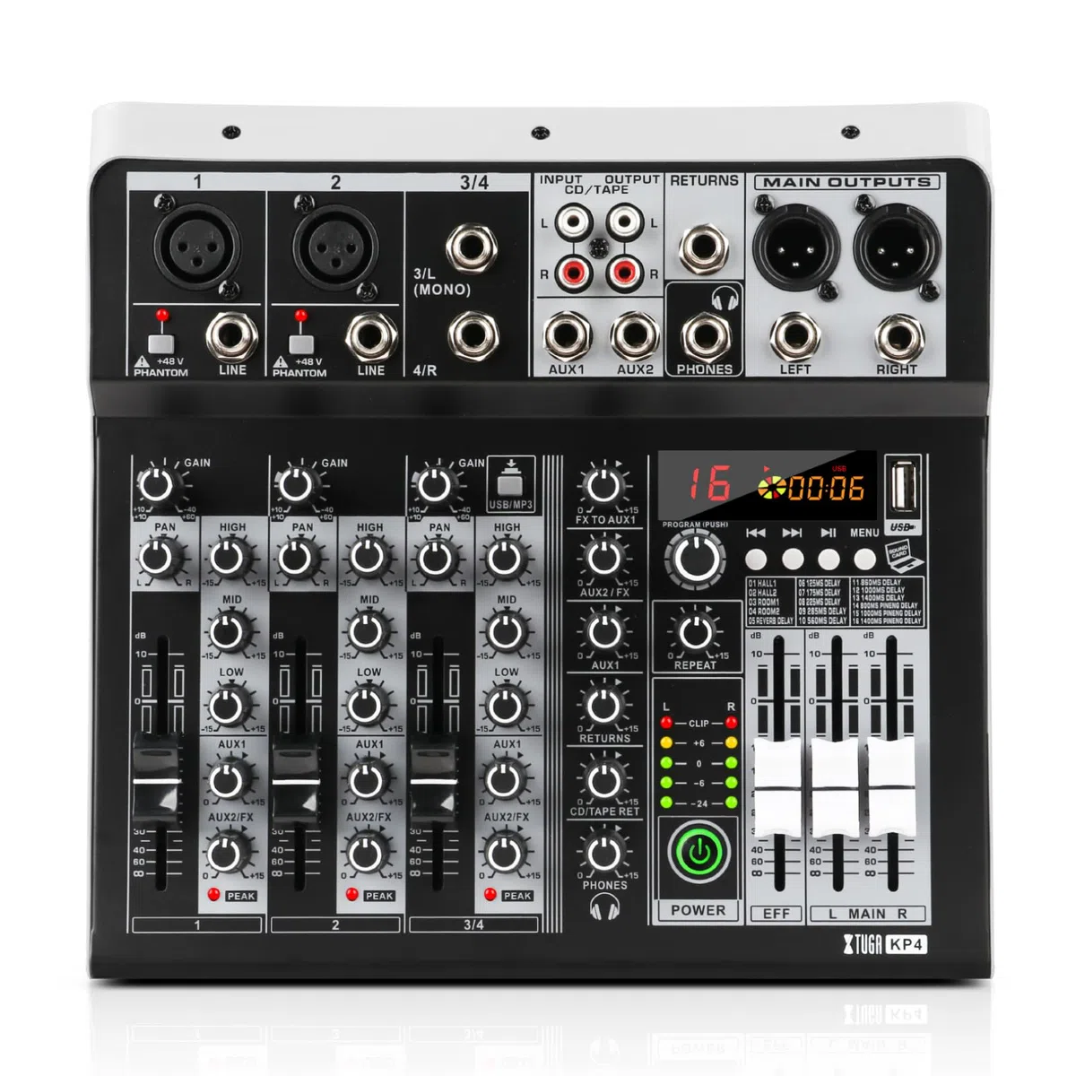 XTUGA Mélangeur Audio 4 Pistes Mélangeur audio Table de Mixage USB professionnel pour enregistrement sur ordinateur, mélangeur de studio avec alimentation fantôme 48 V, mélangeur DJ Bluetooth, KP4