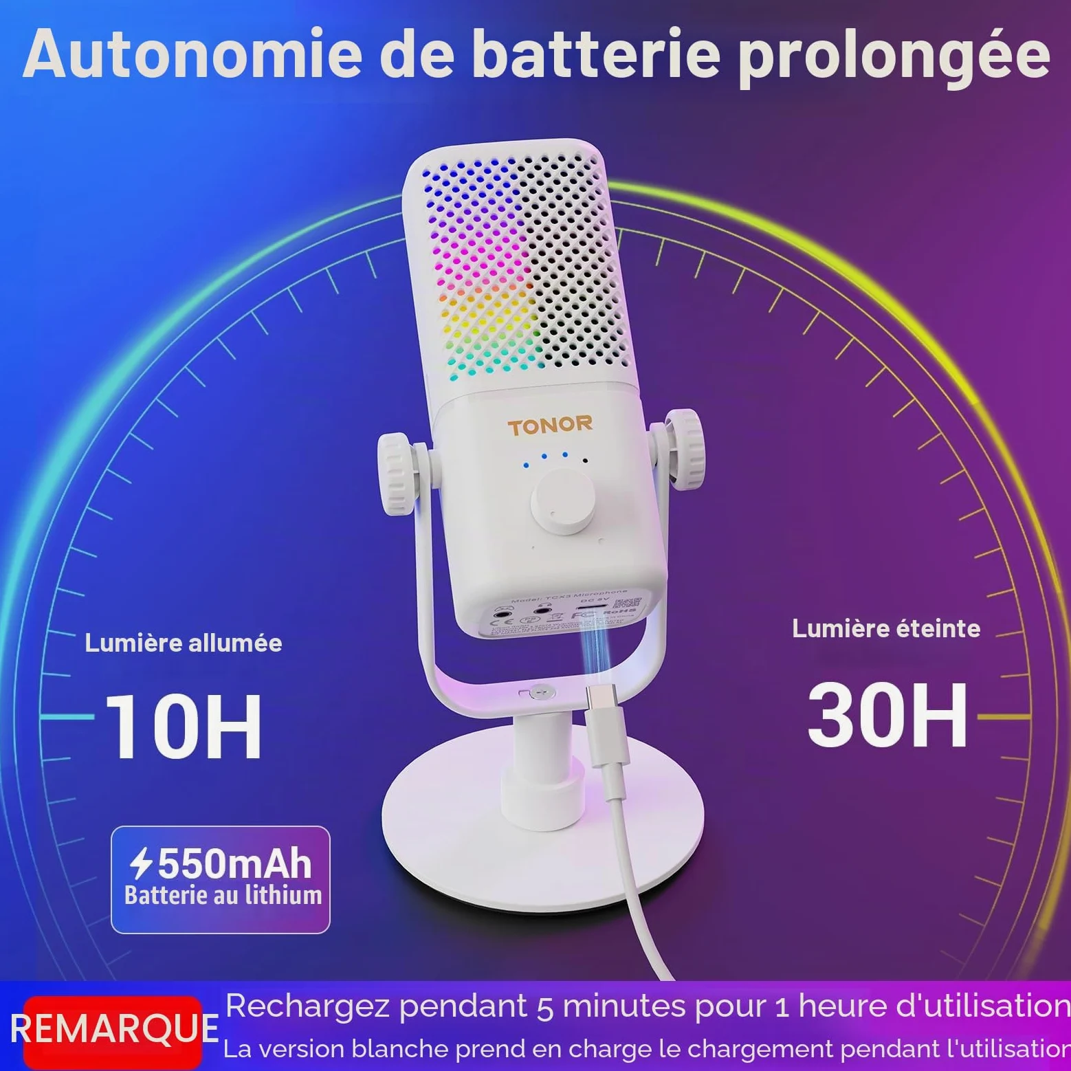 TONOR Micro Gaming Compatible avec Xbox, Microphone de Streaming à Condensateur RGB avec Autonomie de Batterie de 30 Heures, Coupure du Son en Un Clic, Compatible avec Xbox, Blanc, 200cm,TCX3