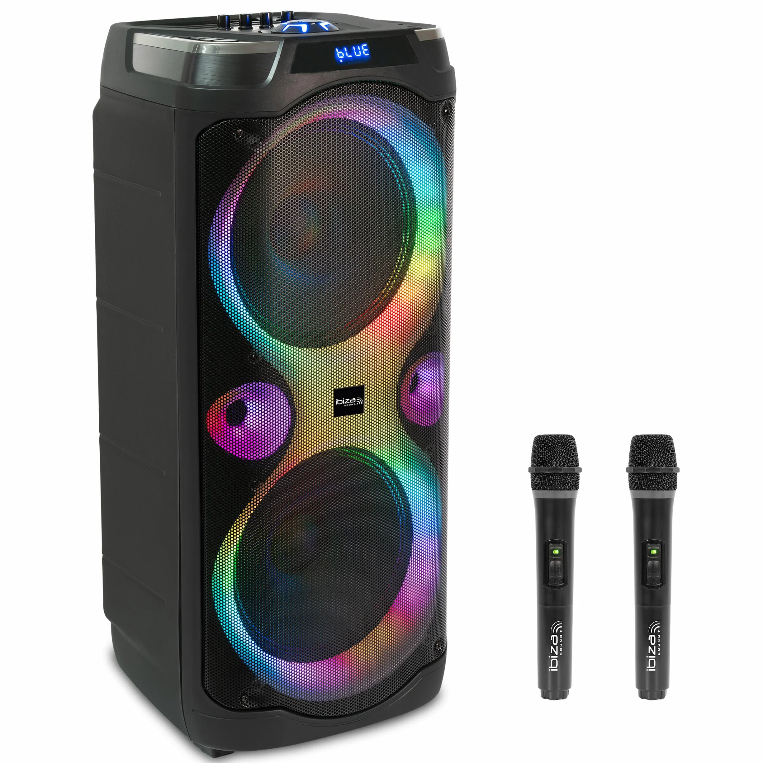 Ibiza - Columba-Karaoke - Enceinte Bluetooth Karaoke avec 2 Micros sans Fil - Changeur de Voix, lumières LED, Talkover et Fonction Rec - Soirées Karaoké