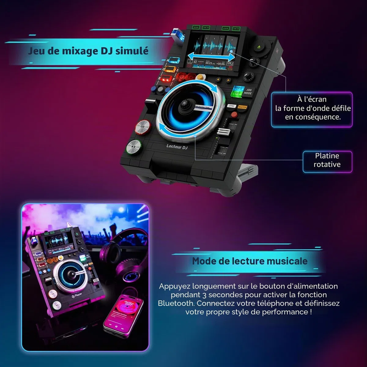 PANTASY Contrôleur DJ - Platine disque DJ - Kit de construction avec lecture de musique Bluetooth - Double modes d'éclairage - Support réglable - Modèle de décoration de bureau interactif pour enfants