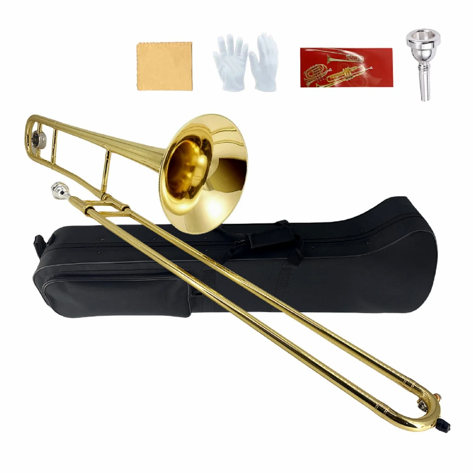 Trombone ténor en si bémol plaqué or pour débutants et adultes avec étui de transport et gants blancs
