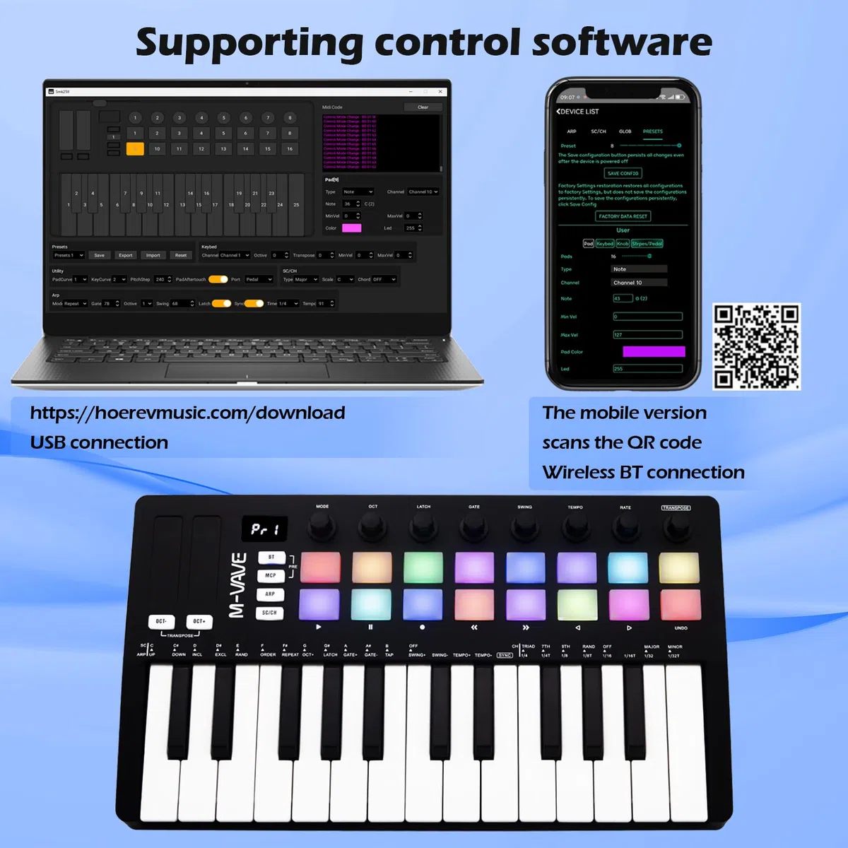 M-VAVE 25 touches 16 pads de batterie rétroéclairés Clavier MIDI - Beat maker professionnel et Keytar pour la production musicale au clavier Batterie intégrée Wireless Connect, MIDI 16 PADS, Noir