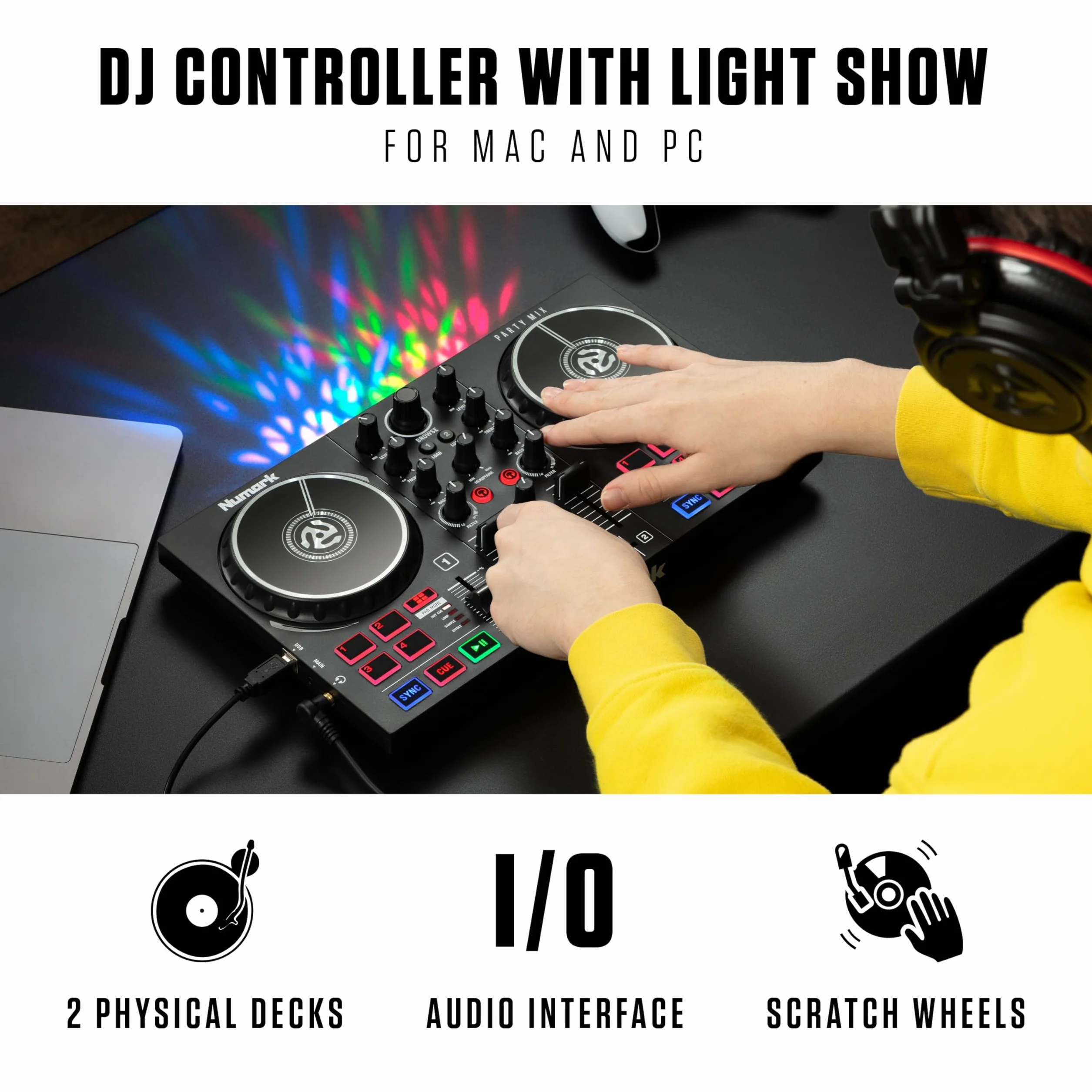 Numark Party Mix II Platine DJ avec Lumières LED, Carte Son et Table de Mixage, avec Serato DJ Lite pour Mac et Win OS