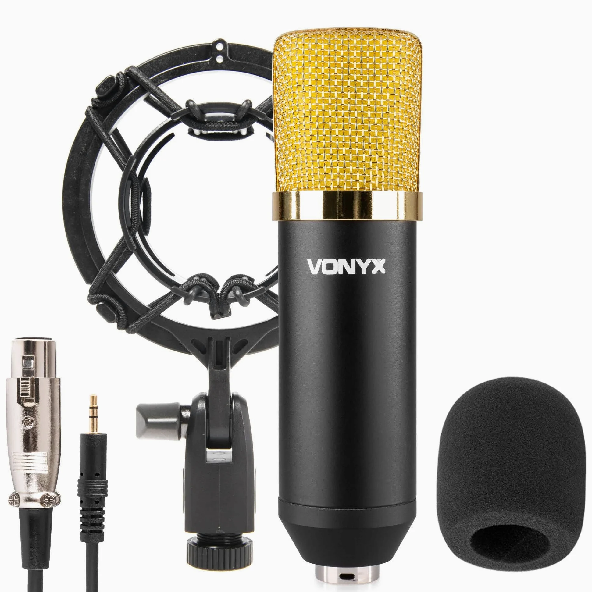 VONYX CM400 Microphone à Condensateur Noir et Or - Microphone de Studio, Grand Diaphragme, pour Chant et Instruments, Faible Distorsion, SPL Élevé, Prise Jack 3,5mm, Idéal pour Studio et Streamer