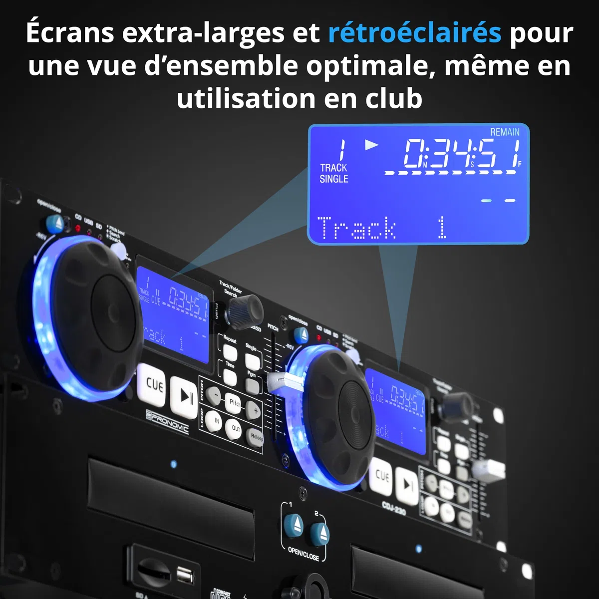 Pronomic CDJ-230 Double Lecteur CD DJ - Lecteur CD MP3 2 canaux avec contrôleur séparé, USB et SD, Pitch Bender, Effets DSP, Seamless Loop, Format Rack 19 Pouces, Noir