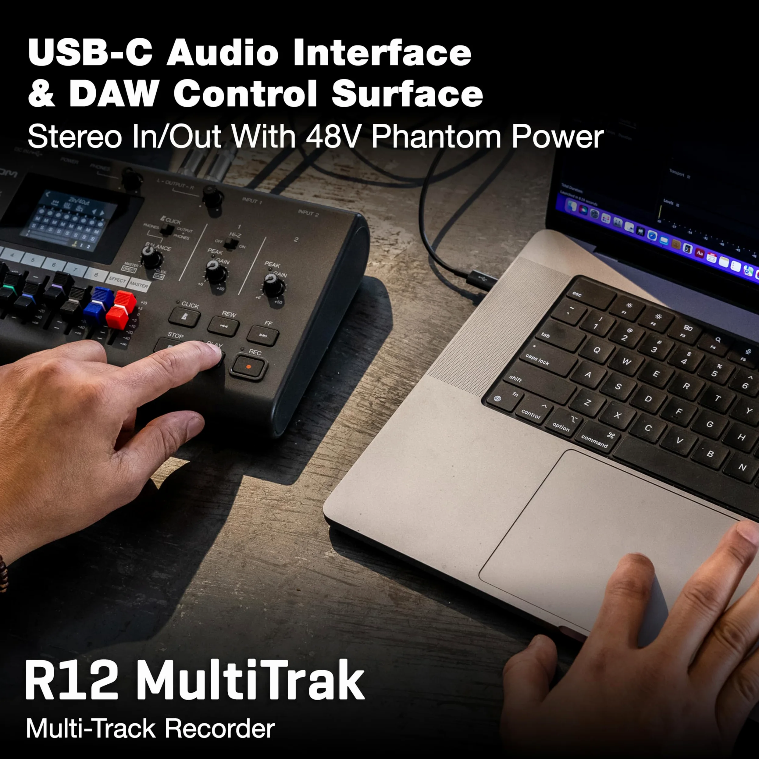 Zoom Enregistreur portable multi-pistes R12, avec écran tactile, édition intégrée, 8 pistes, 2 entrées combinées, effets, synthétiseur, boucles de batterie, alimentation par batterie et interface