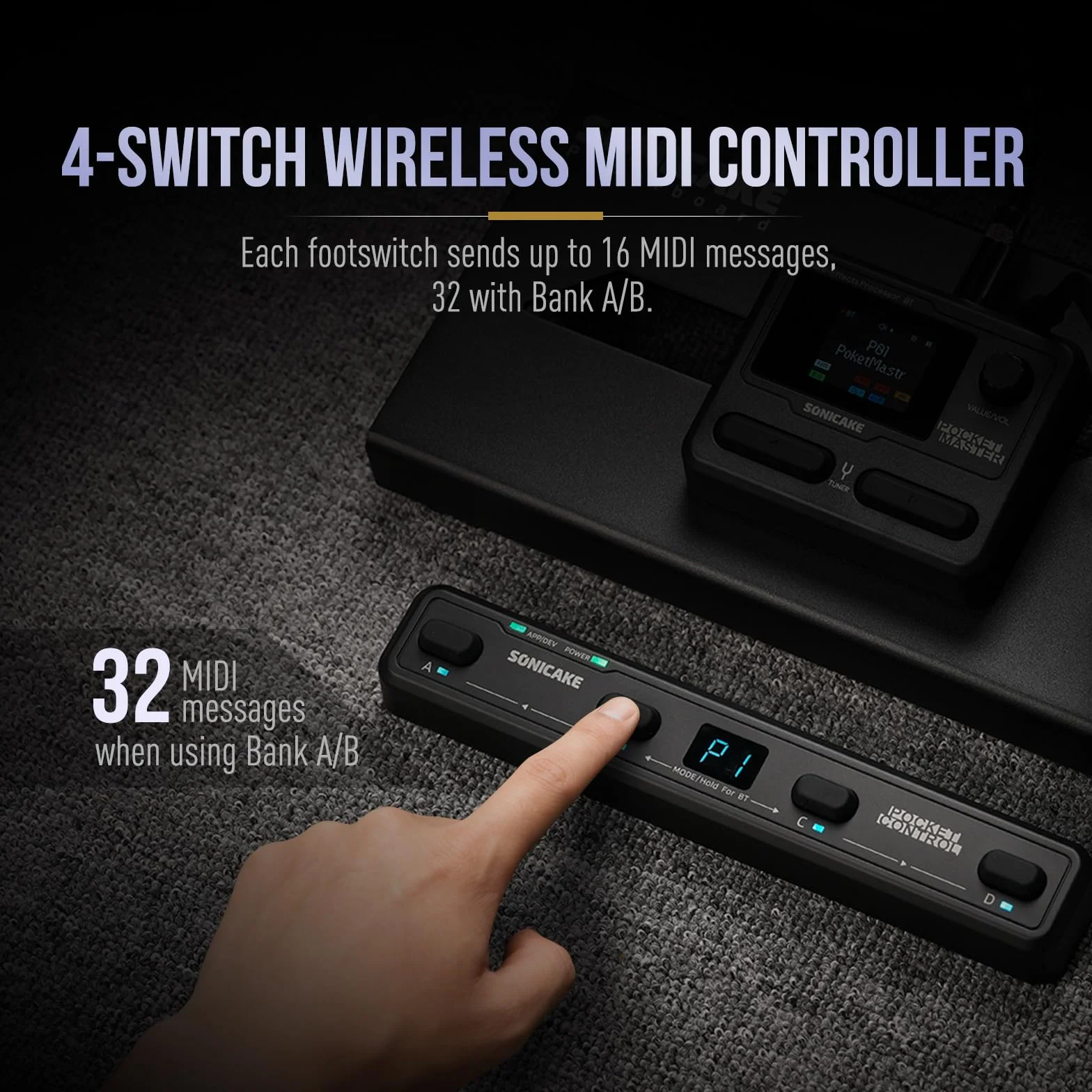SONICAKE Contrôleur MIDI sans Fil 4 Boutons Contrôle via Application BT Pocket Control (Noir)
