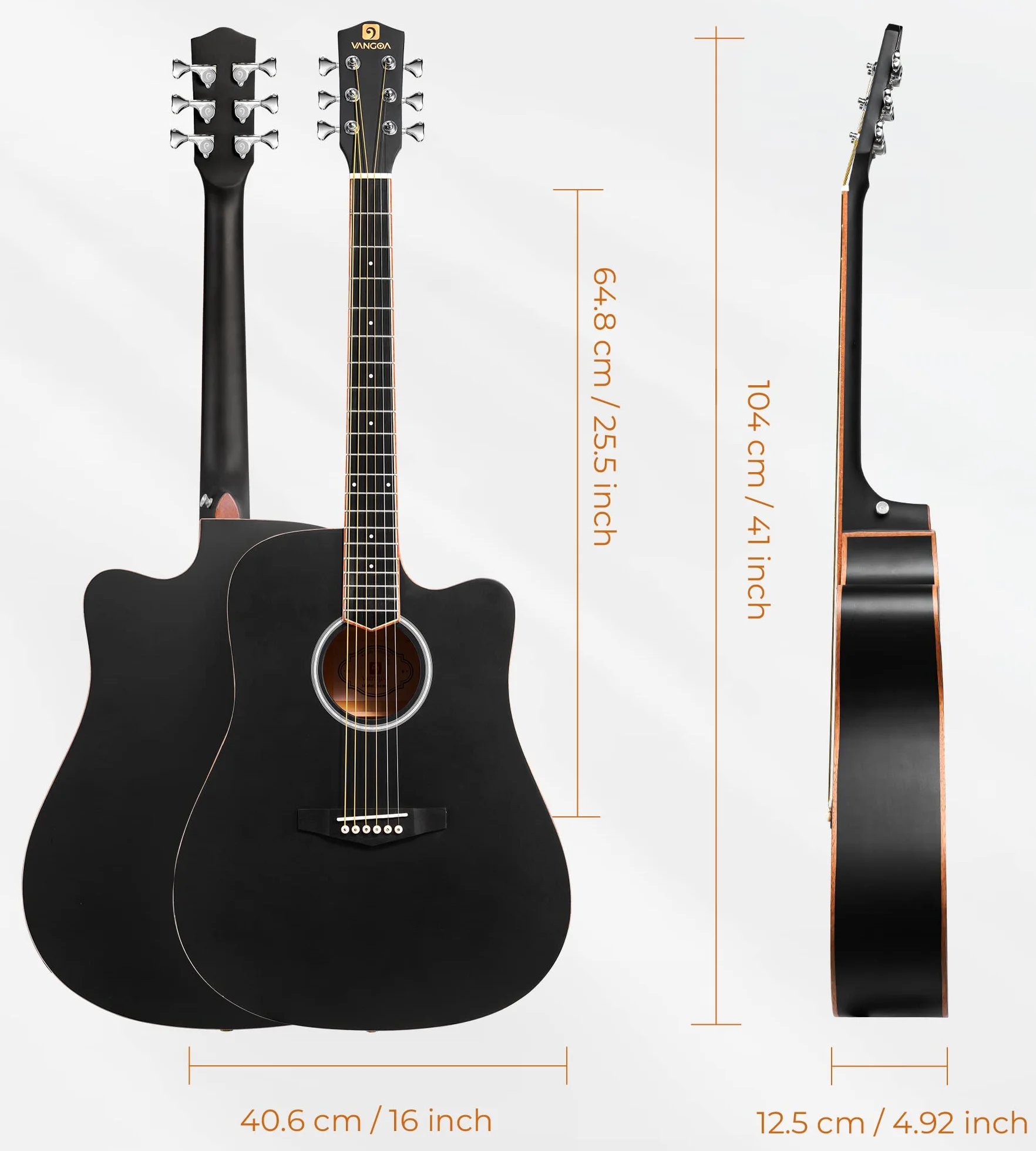 Vangoa 4/4 Guitare Acoustique Adulte Kit de Guitare Folk Country Cutaway Guitar 41 pouces pour Débutant Adulte Adolescent, Dreadnought, Noir