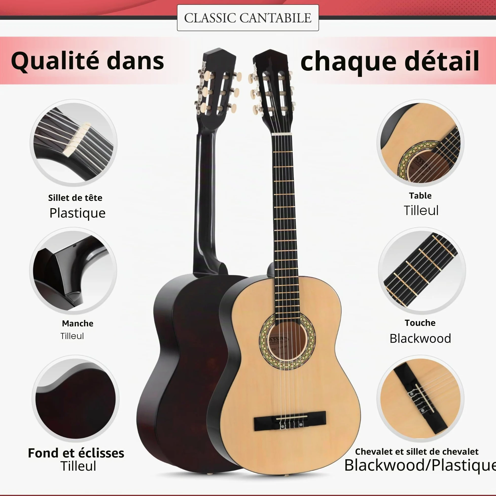 Classic Cantabile AS-851 Guitare Classique 4/4 Nature - Cordes en Nylon d'étude - Guitare de concert idéale pour débutants