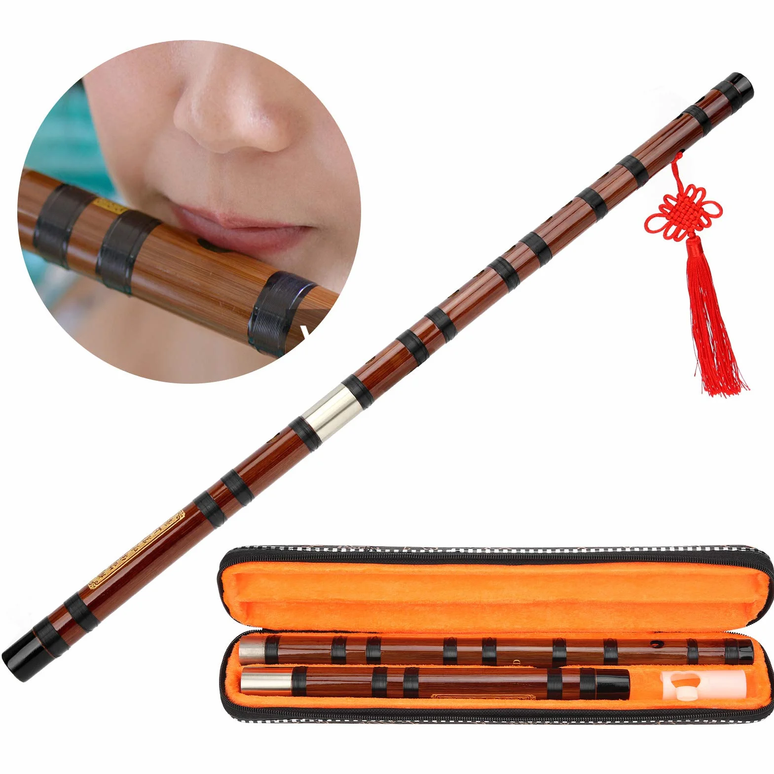 Walfront Flûte en Bambou D-Key Dizi Bitter Bamboo Flute For Beginners With Lettering Body 8 Years Dry Material Dizi Kit Chinese Music Instrument