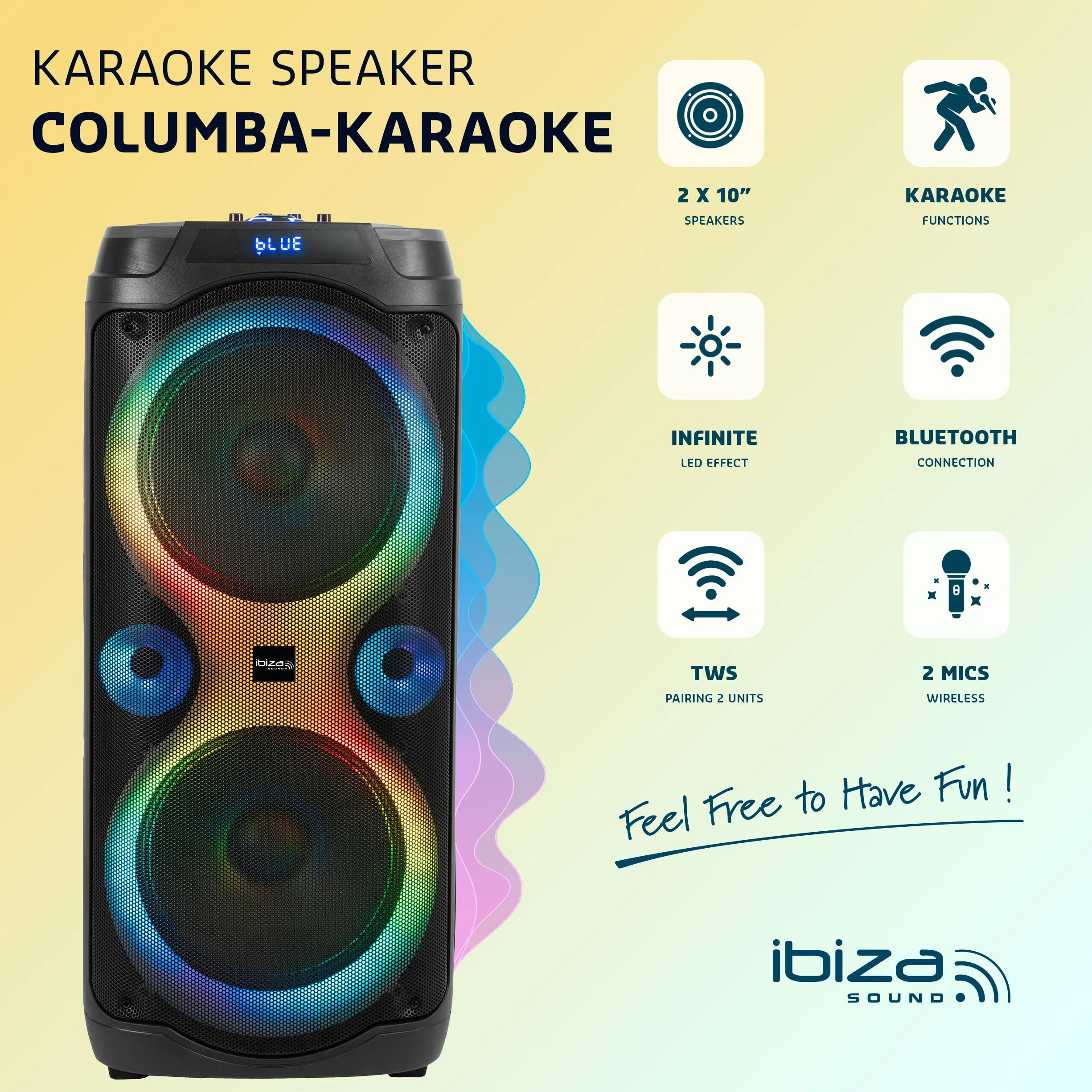 Ibiza - Columba-Karaoke - Enceinte Bluetooth Karaoke avec 2 Micros sans Fil - Changeur de Voix, lumières LED, Talkover et Fonction Rec - Soirées Karaoké