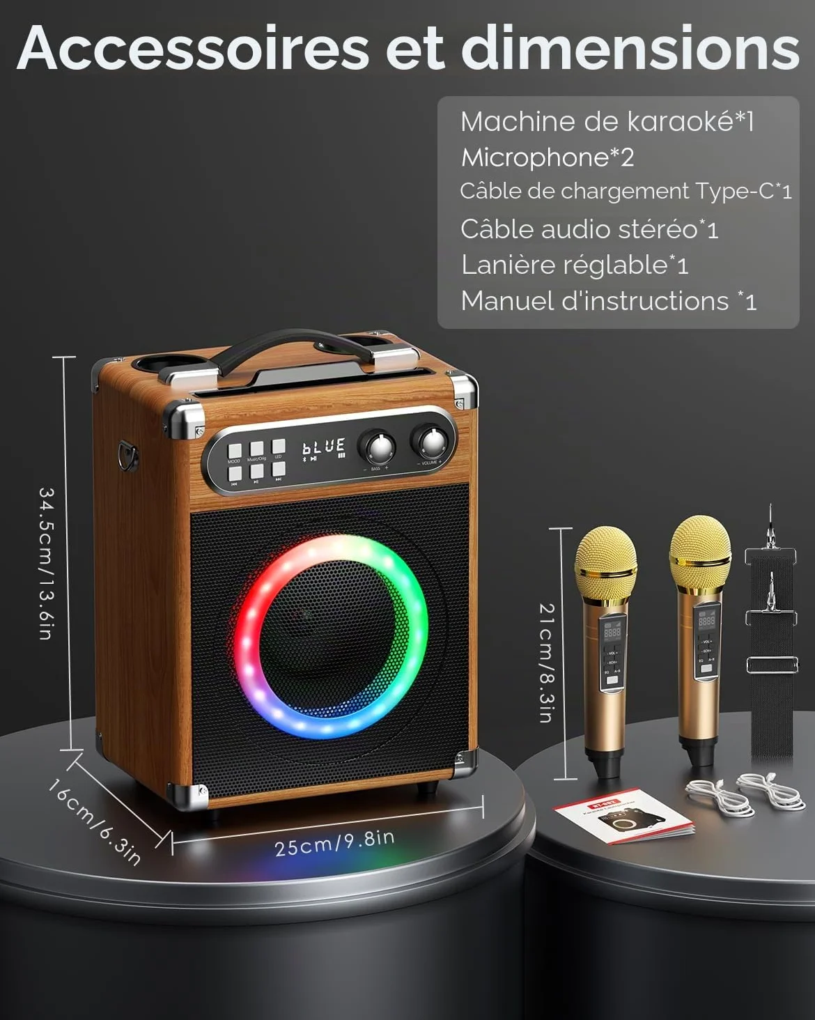 Machine de karaoké Portable, karaoké Professionnel avec 2 Microphones sans Fil UHF, système PA avec Lampe DJ, idéal pour karaoké Familial, fêtes de Chant, fêtes, Mariages (Bois)