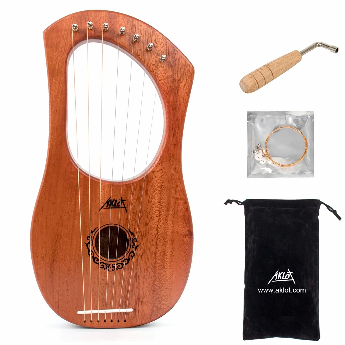 Aklot Lyre Harpe 7 cordes en acajou avec clé de réglage et sac de transport noir