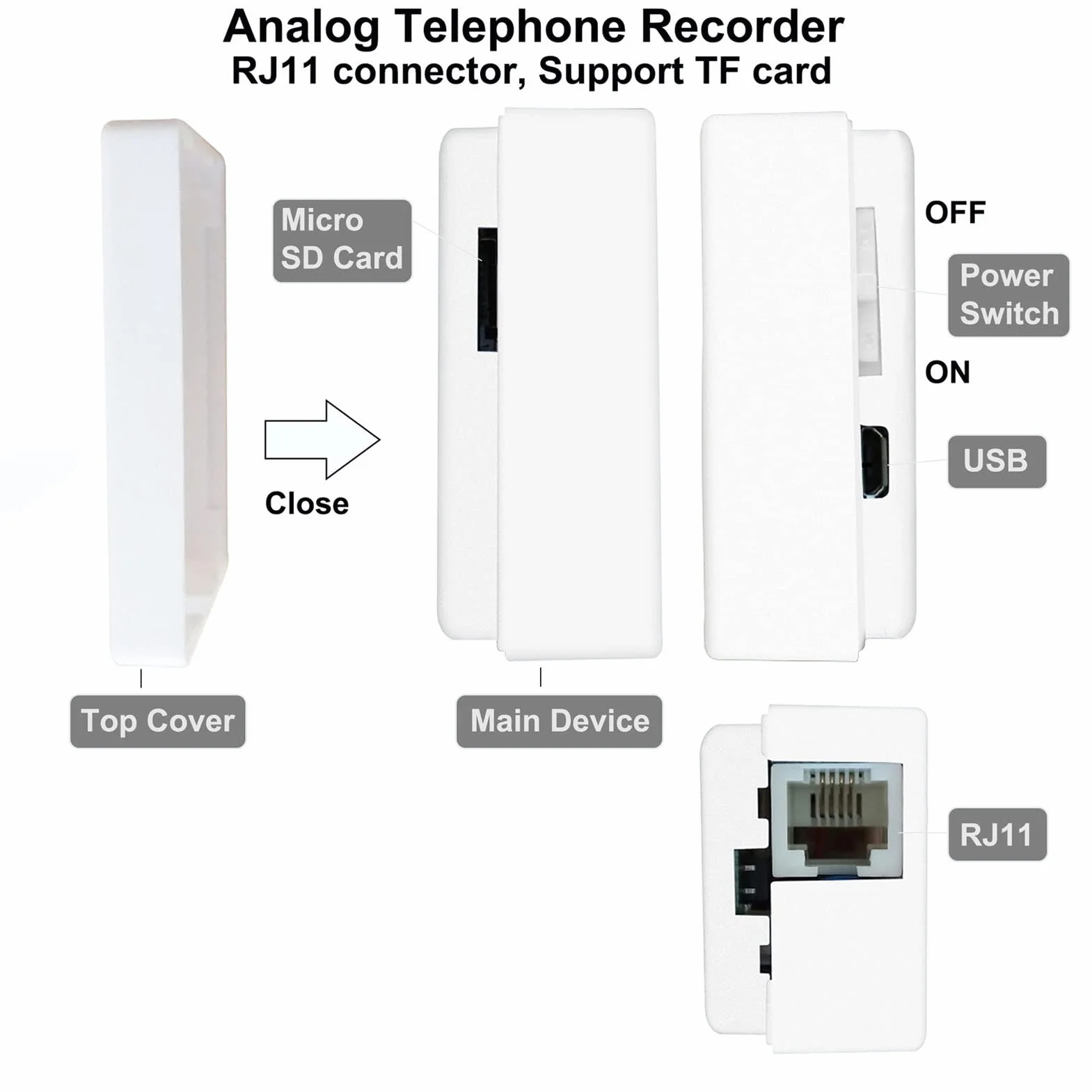Enregistreur de téléphone, mini enregistreur vocal audio pour téléphone avec mémoire de 32 Go, enregistrement en boucle interface Rj11 enregistreur d'appels téléphoniques fixes pour la maison et le