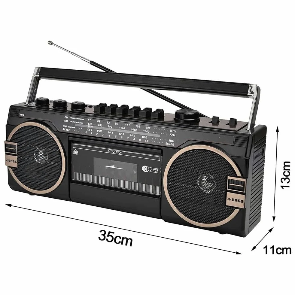Boombox Bluetooth portable lecteur CD cassette avec connectivité Bluetooth, carte SD/TF/USB/casque de lecture, design vintage pour les réunions de famille et les voyages