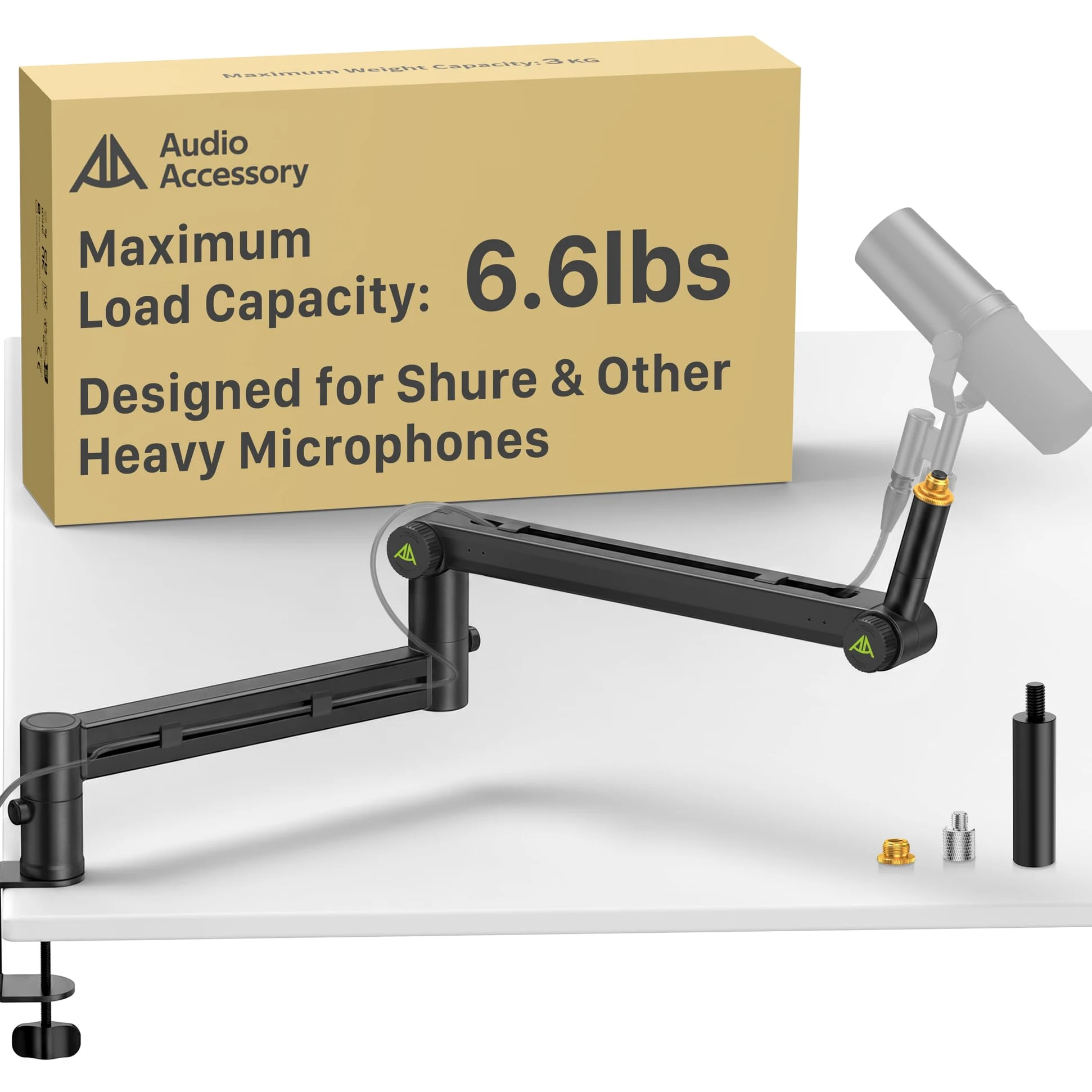 AA AUDIO ACCESSORY Bras de micro profil bas (conçu pour micros lourds) - Capacité 3 kg - Structure de verrouillage stable - Support de bureau métallique pour Shure SM7B, MV7+, Blue Yeti, Rode PodMic