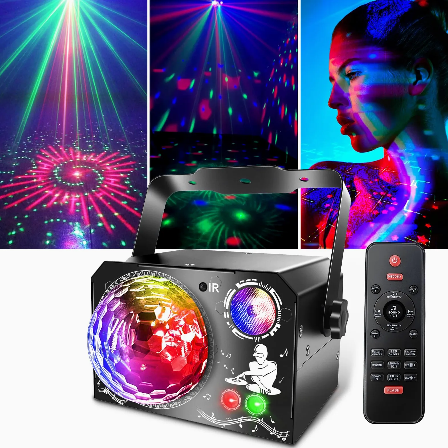 Lampe de Scène 4 en 1, Fwiull Lumière Disco avec Télécommande et Stroboscope, 65 Effets Lumineux RGB UV, USB Lumineux Boule Disco Musique Commande Vocale, Idéal Lumiere pour Soirée, Fête, Karaoké,Noël