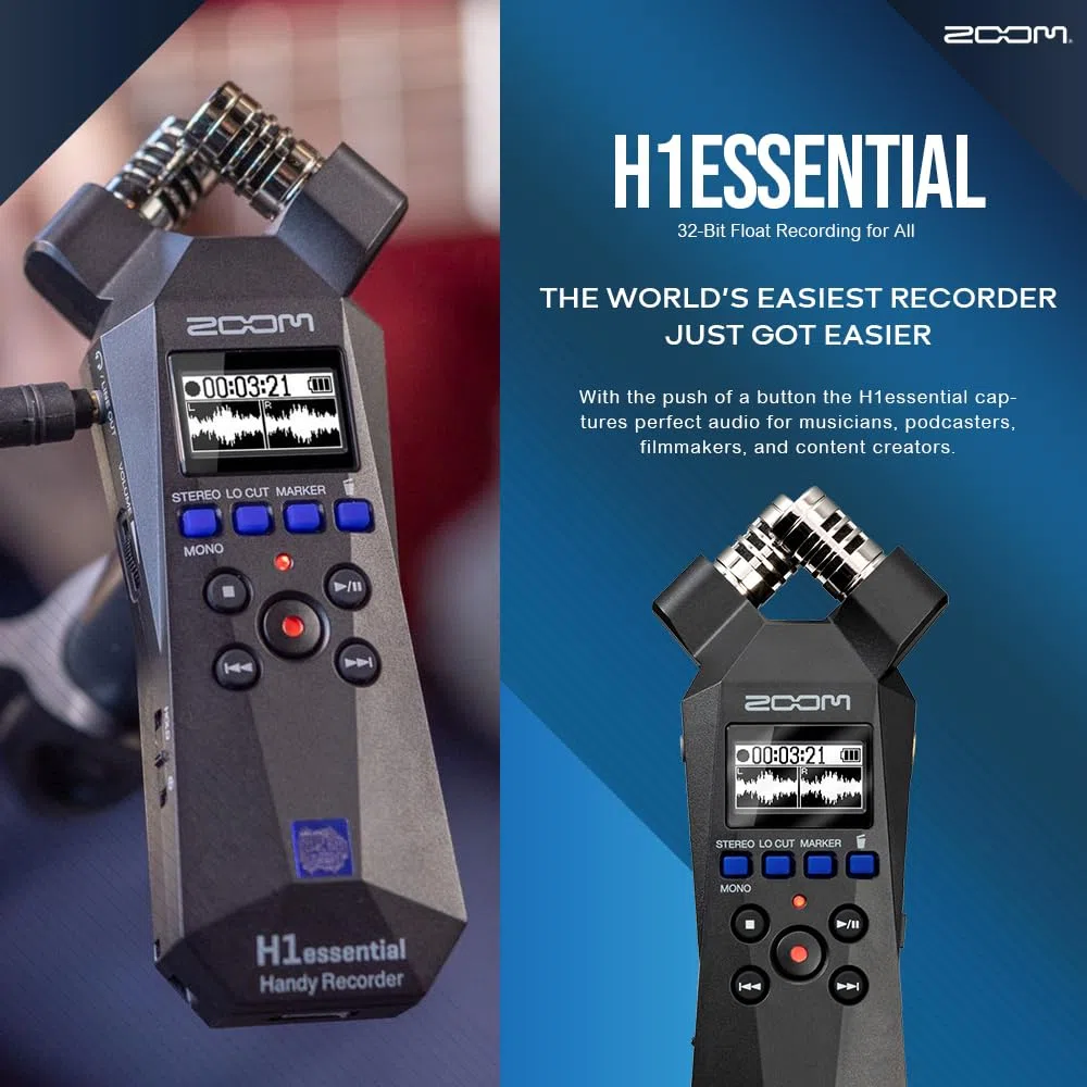 Zoom H1essential Enregistreur stéréo pratique, enregistreur audio portable H1 Essential (H1E) flottant 32 bits, microphone USB et X/Y, SD 64 Go, trépied, micro à condensateur, manchon de micro et plus