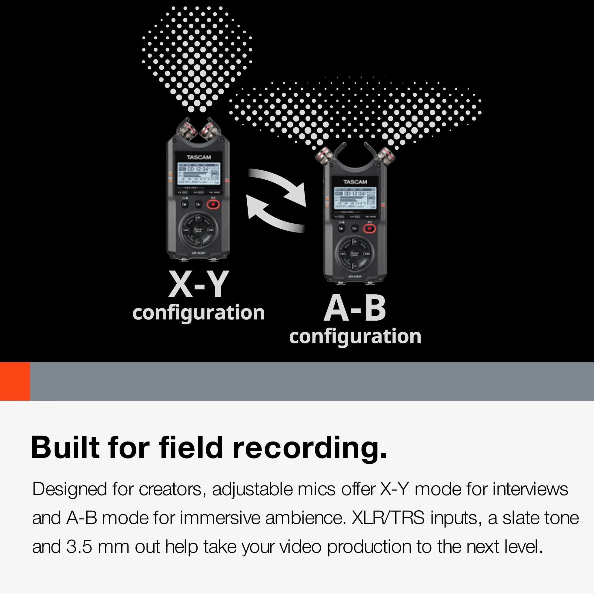 TASCAM DR-40XP Enregistreur de terrain portable 4 canaux 32 bits virgule flottante et interface audio USB-C — avec 2 entrées XLR/TRS et microphones réglables pour la musique, l'audio pour la vidéo et