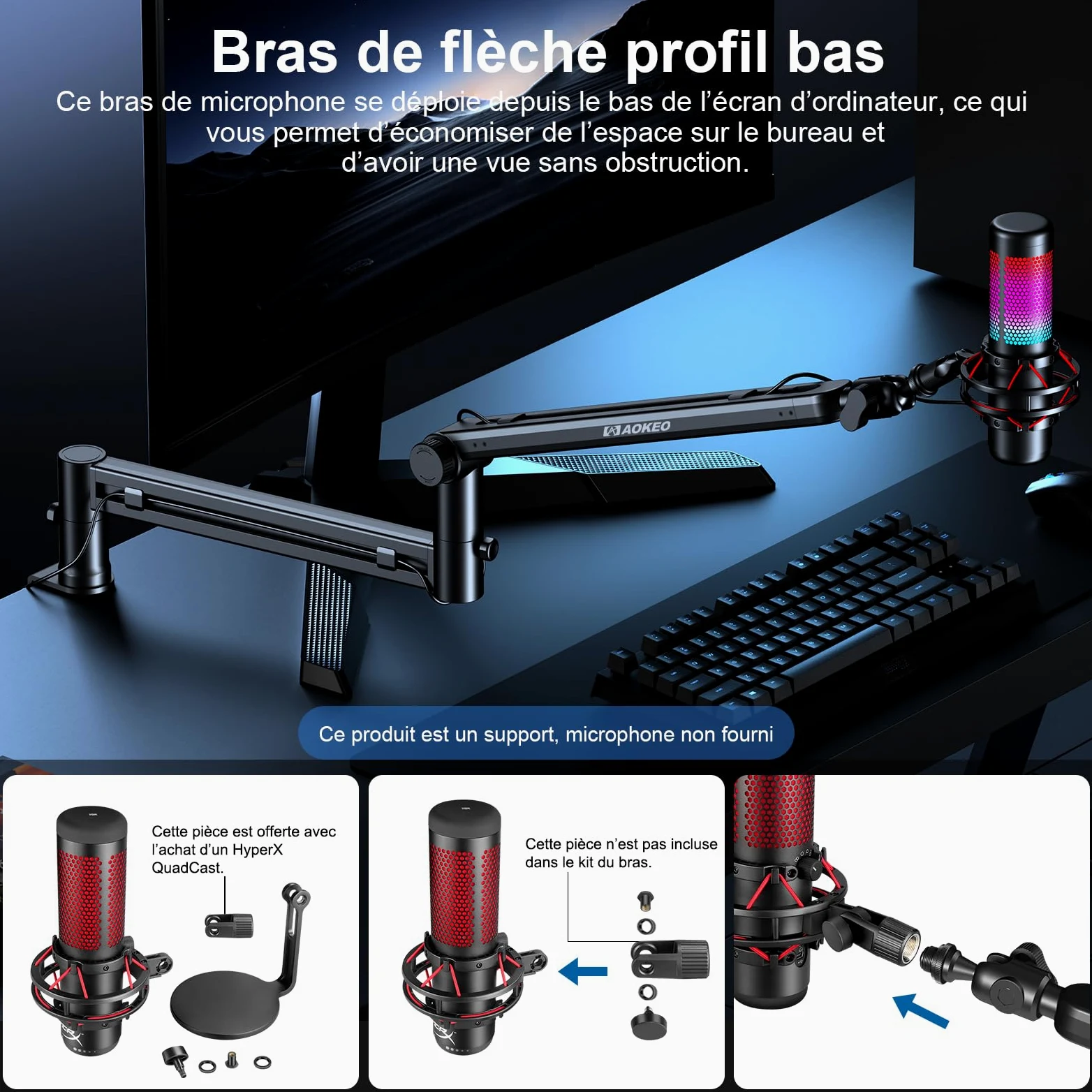 Bras Micro,Aokeo AK-58 Support Articulé de Bureau à Profil Bas pour Blue Yeti,Snowball iCE,HyperX QuadCast/SoloCast,Elgato Wave,etc
