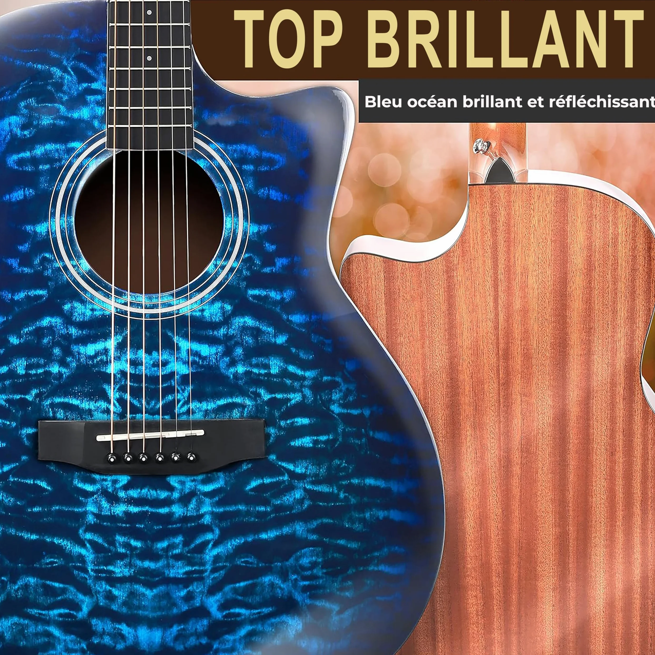 Pyle Blue Ocean Ripple est une guitare acoustique à cordes en acier, dotée d'une table en épicéa massif et d'une finition brillante.Elle est de taille complète et comprend un kit d'accessoires complet