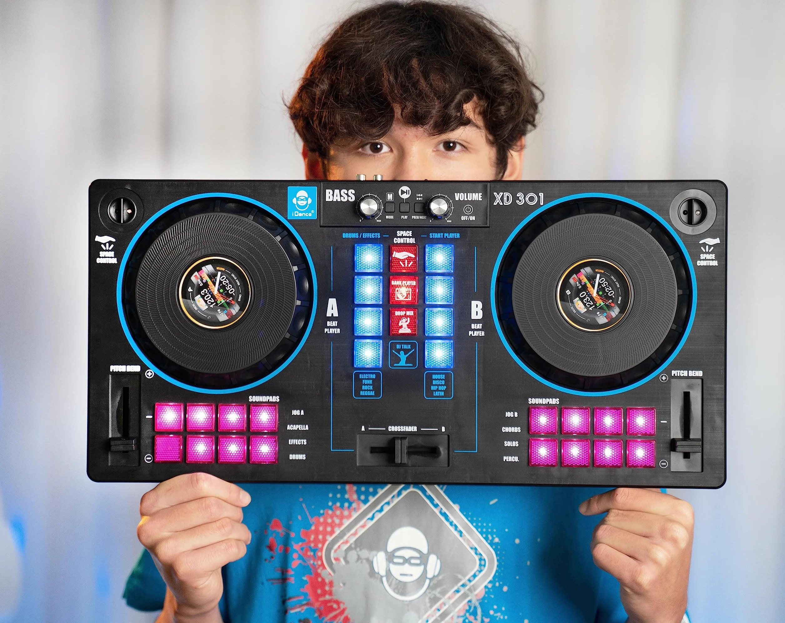 Cefa Toys Station de DJ portable avec haut-parleurs et contrôle spatial 14 en 1, avec tourne-disque, crossfader et plus de 144 combinaisons de Mix, comprend un lecteur Bluetooth et USB et une batterie