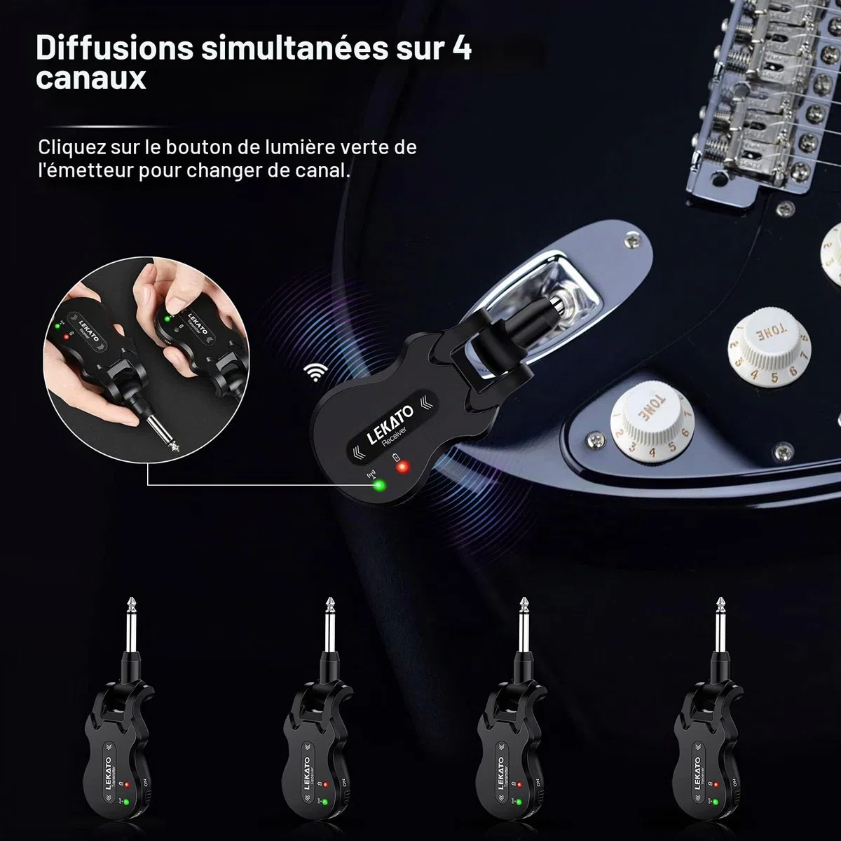 LEKATO 5.8Ghz Guitare Transmetteur sans fil Récepteur Système de guitare sans fil Rechargeable Audio numérique Système de basse Guitare sans fil (Noir)