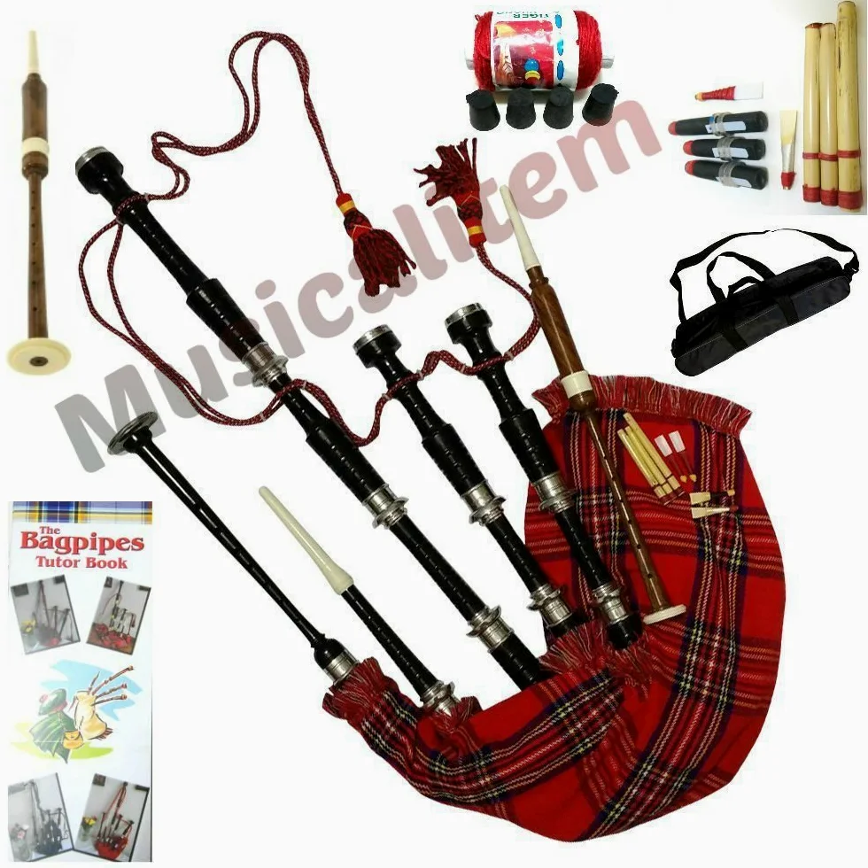 Cornemuse écossaise en palissandre avec finition noire, supports argentés et tartan Royal Stewart - avec livre d'apprentissage (français non garanti) et sac de transport
