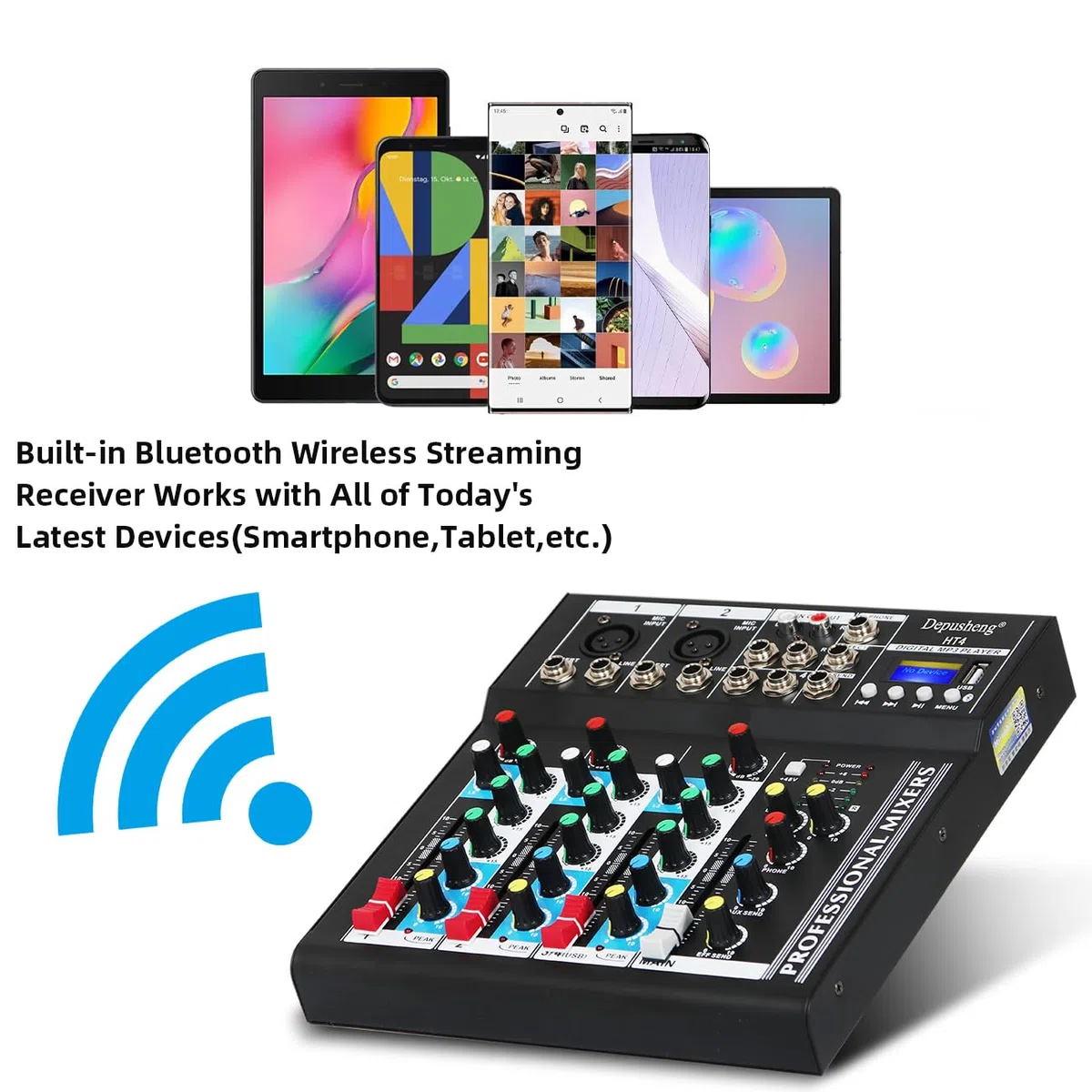 Depusheng HT4 Professional 4 canaux USB Jack mélangeur audio portable Bluetooth Live Studio Audio DJ Console de mixage sonore pour l'enregistrement sur ordinateur, bandes